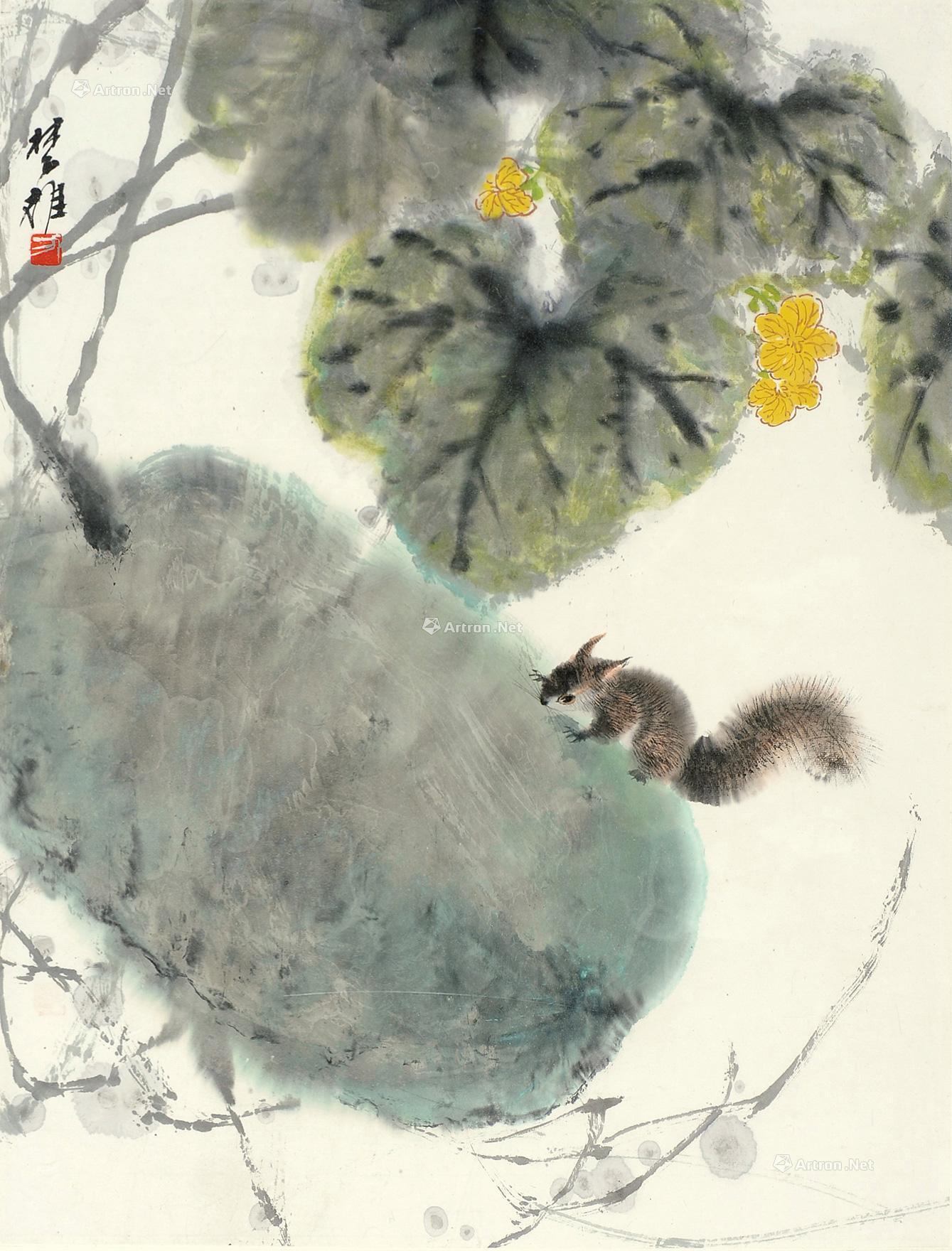 0396 冬瓜松鼠 镜片 设色纸本