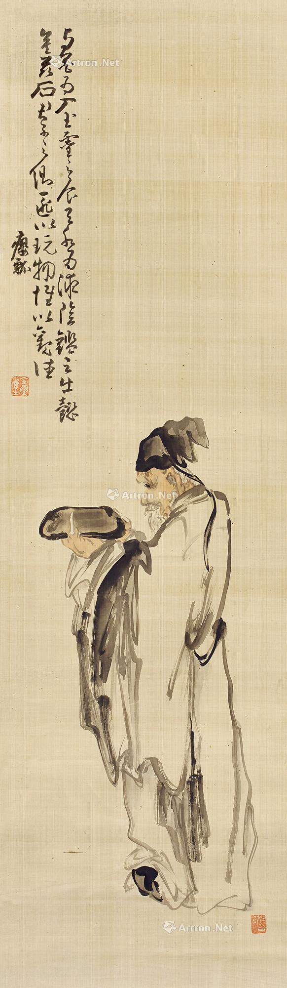 0892东坡赏砚立轴设色绢本