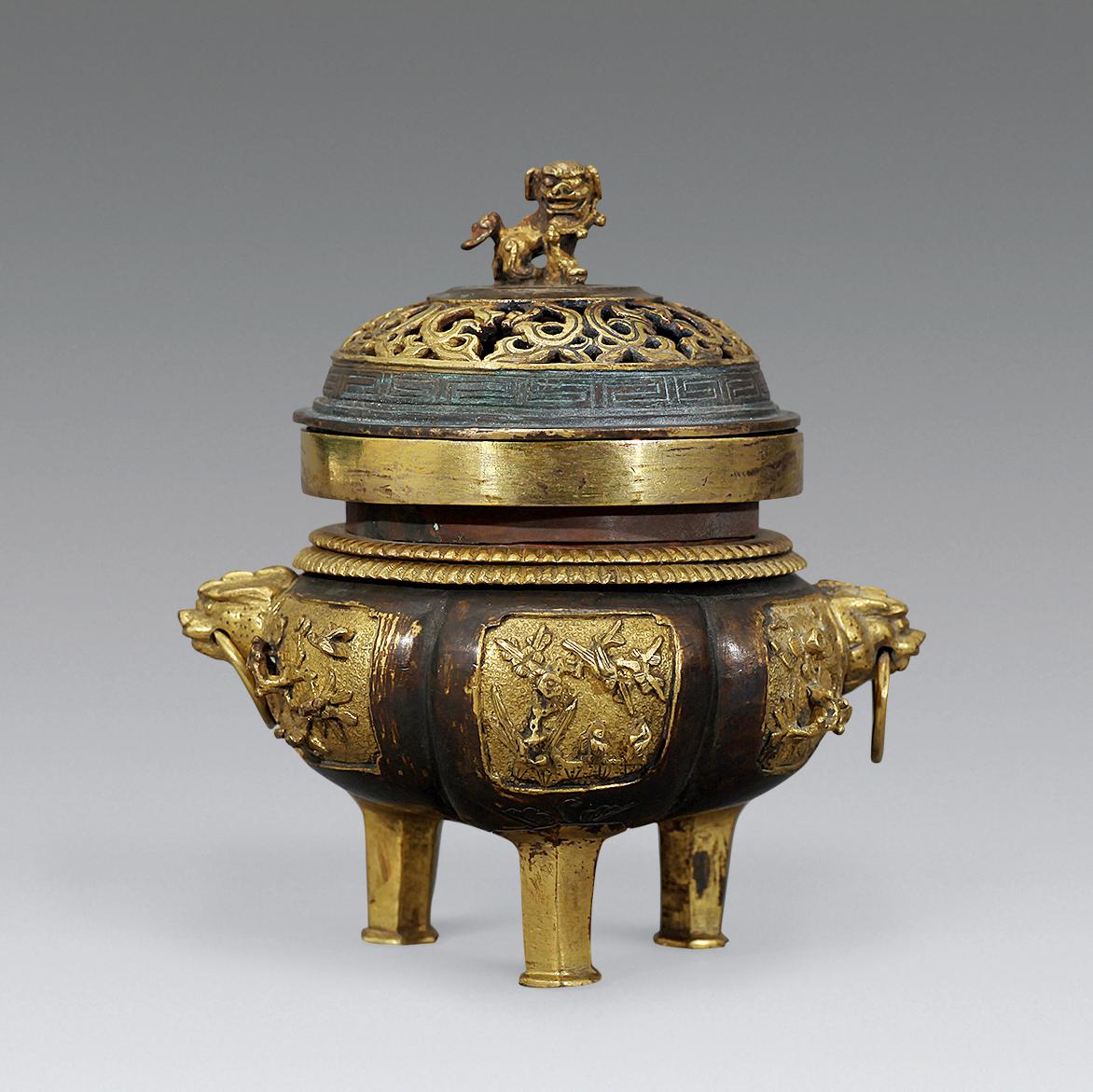 1700 清中期 铜鎏金花鸟香炉