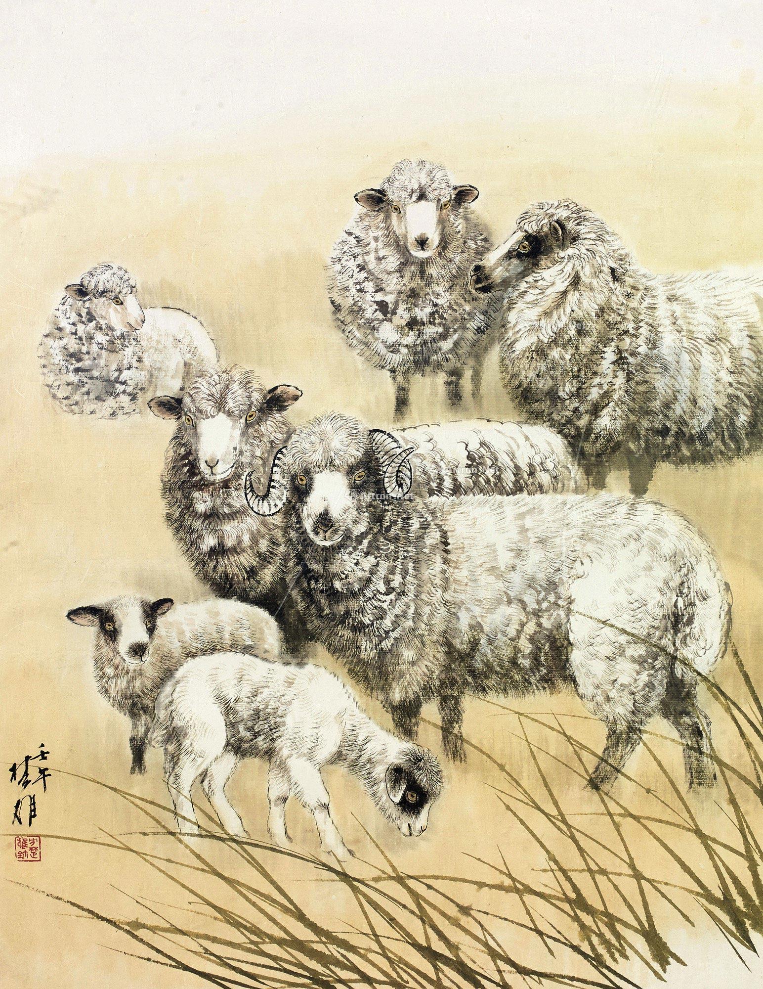 国画羊群图片