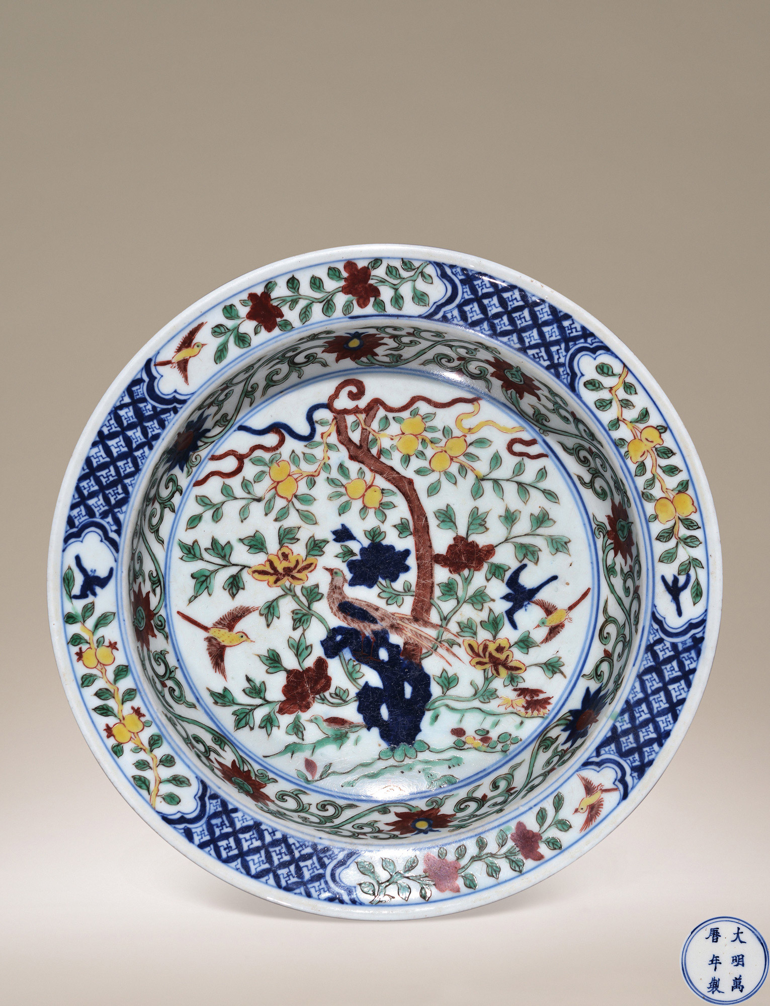 8171明万历青花五彩花鸟折沿洗