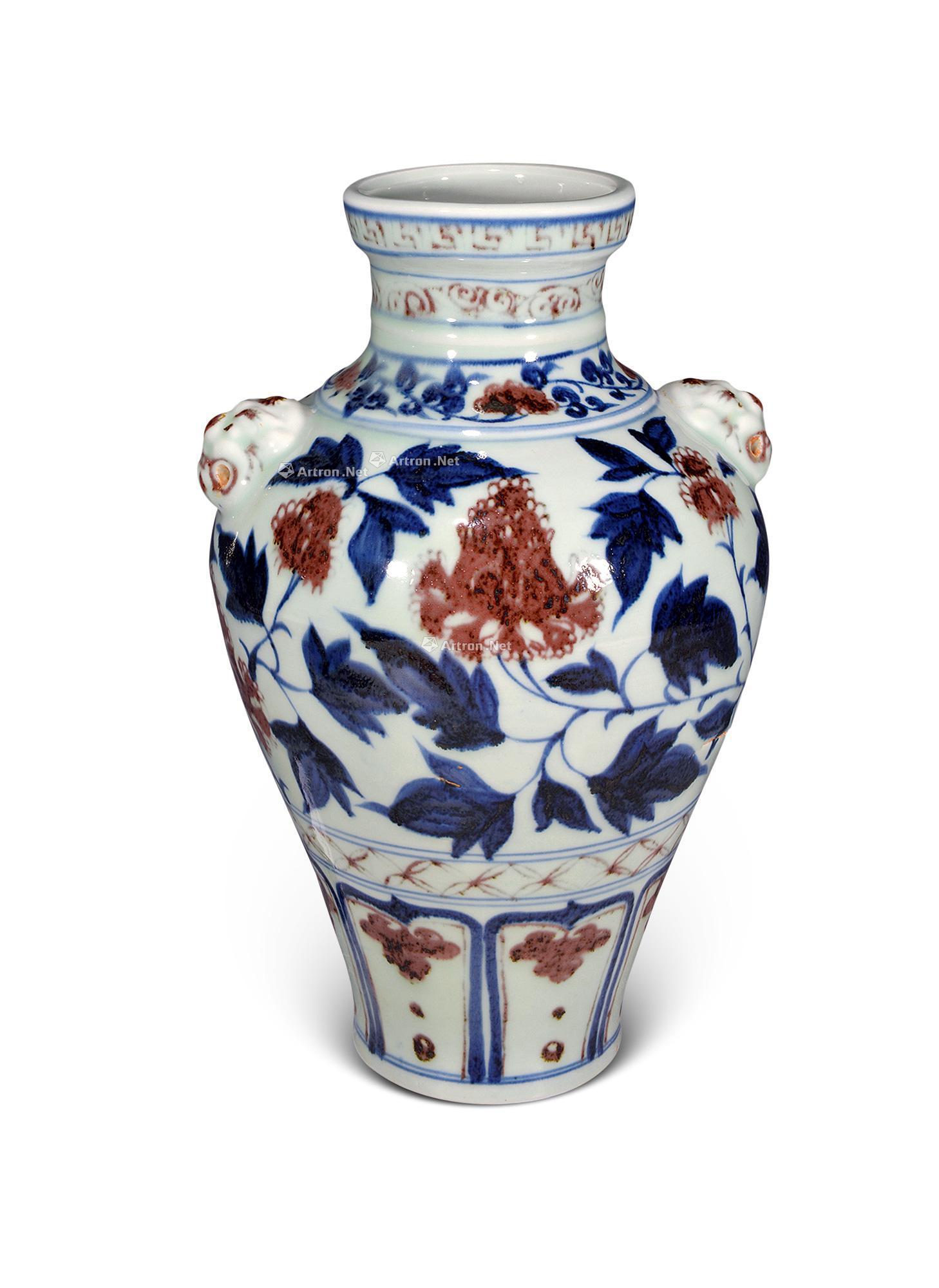 【明早期 青花釉里红牡丹纹铺首瓶】拍卖品_图片_价格_鉴赏_明代彩瓷