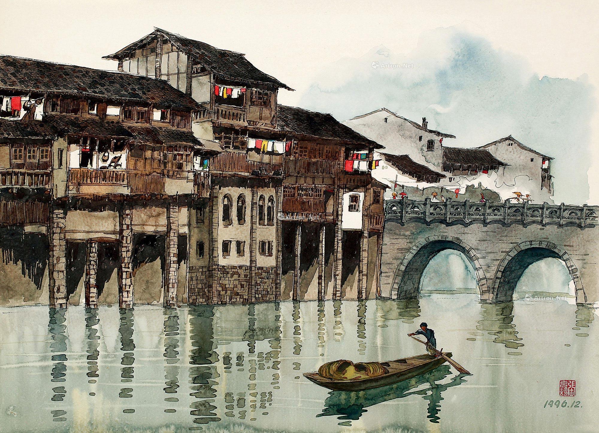 10381996年作四川郫县吊脚楼民居水彩纸本