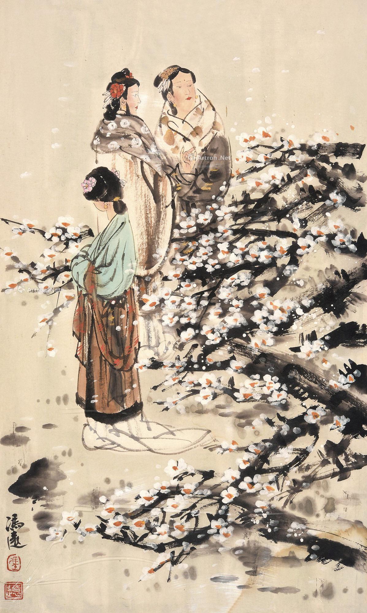 1405梅花仕女镜心设色纸本