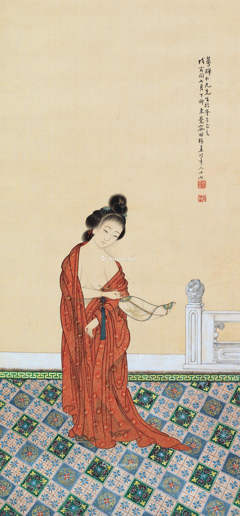 0037 戊寅(1938)年作 贵妃出浴 立轴 设色绢本