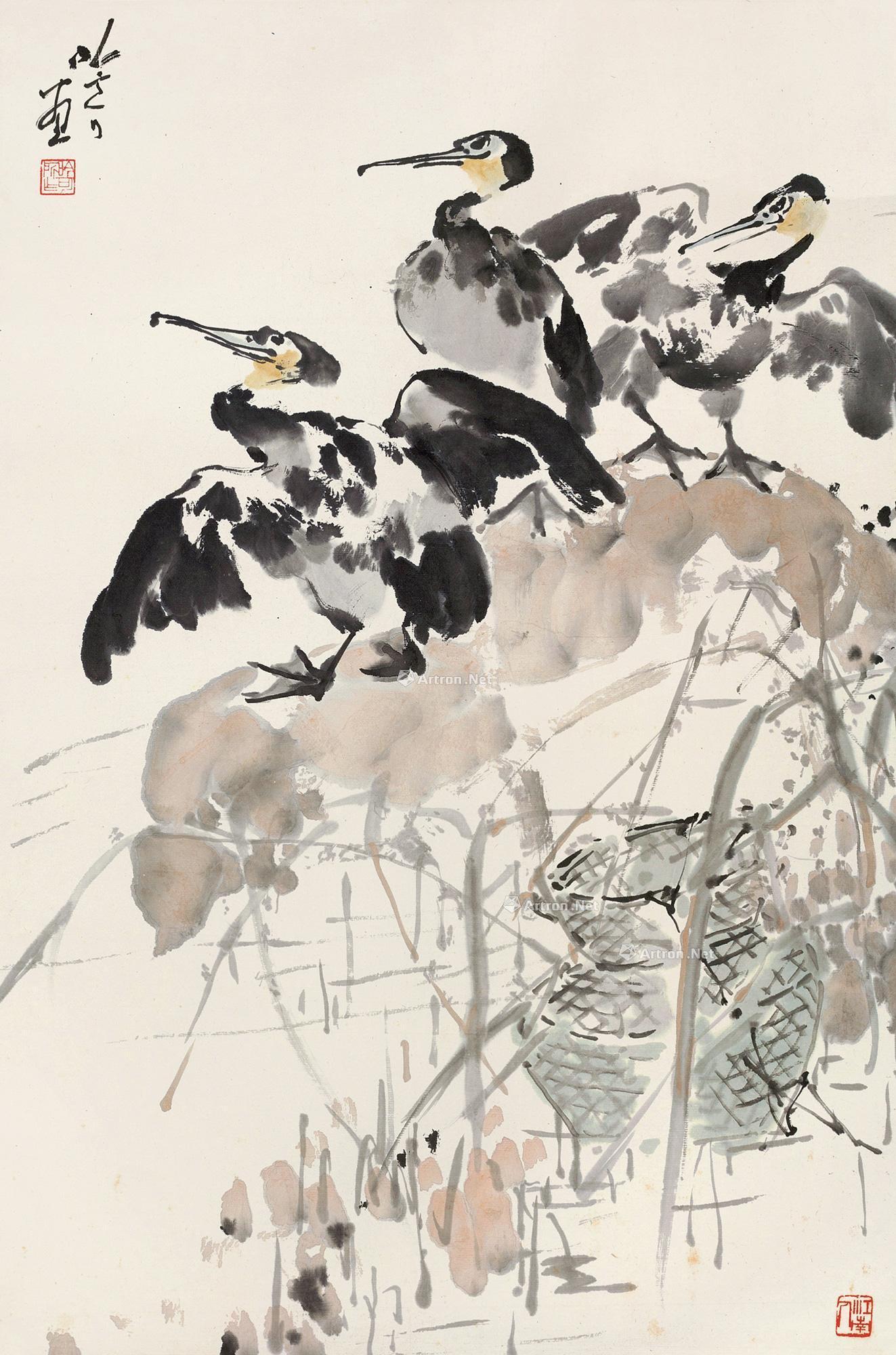 0037鸬鹚图镜心纸本