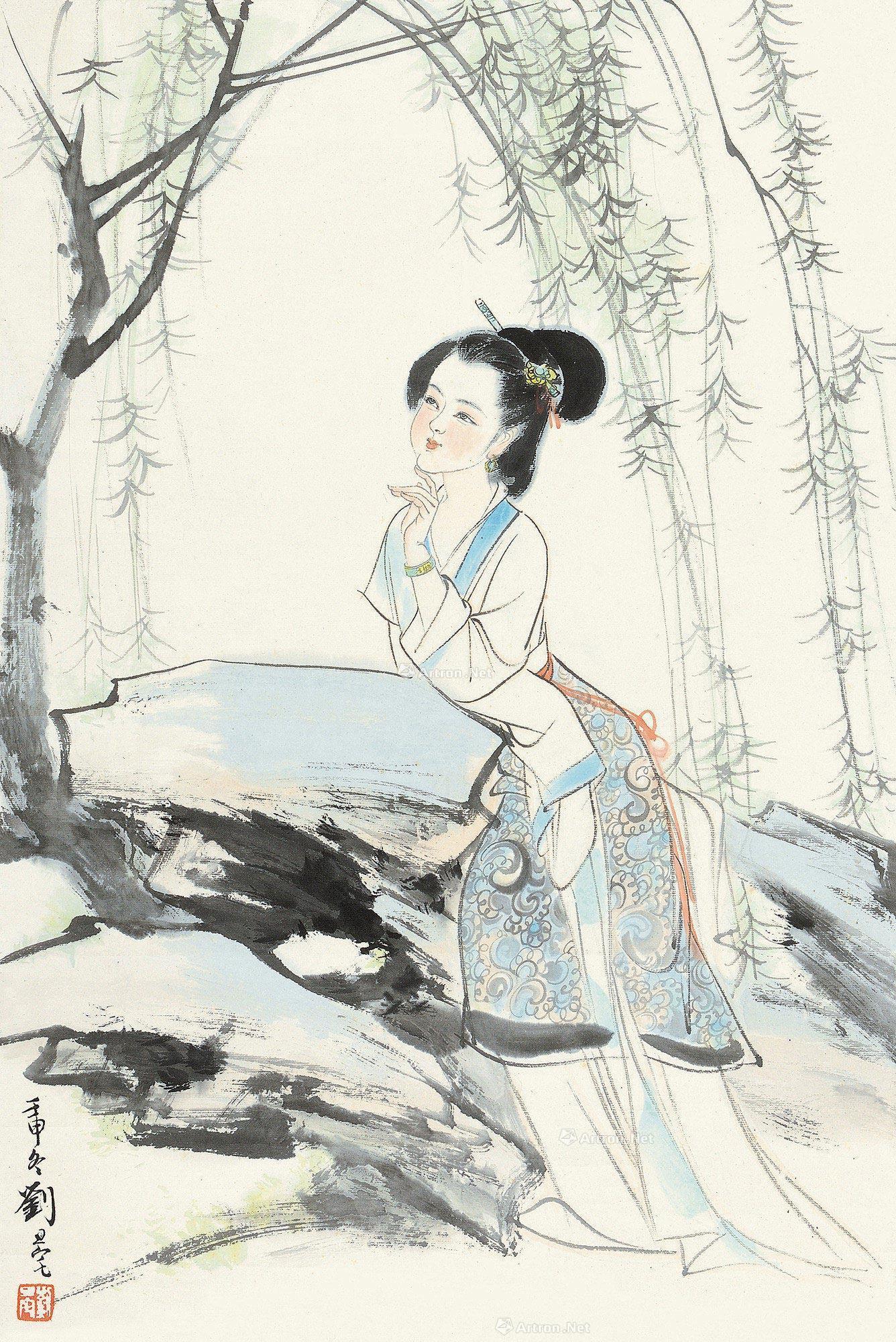 0526壬申1992年作柳下仕女立轴设色纸本