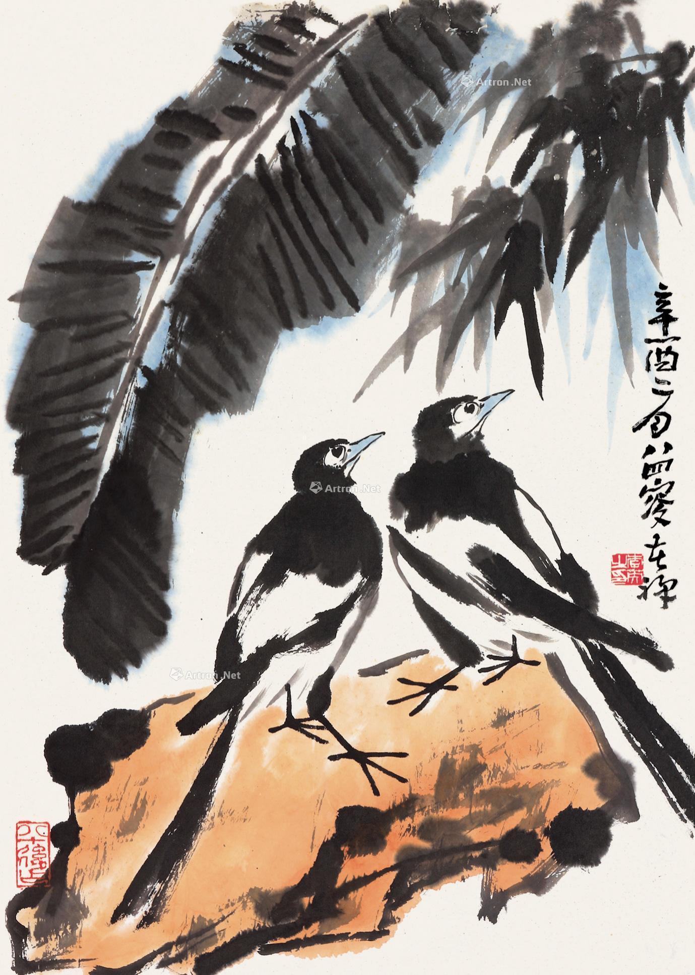 04311981年作芭蕉双禽图镜片设色纸本