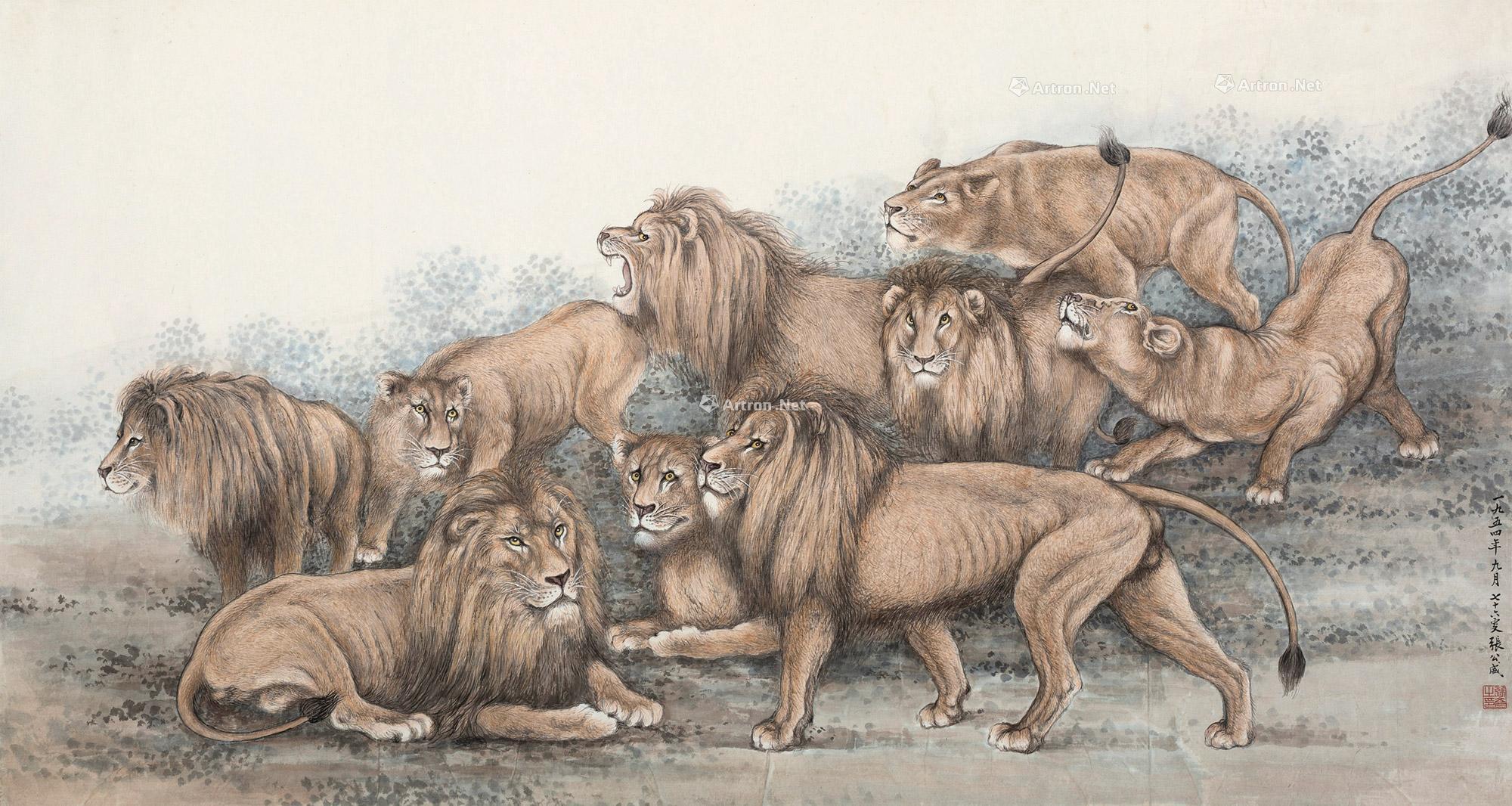 1205 1954年作 九狮图 横幅 纸本