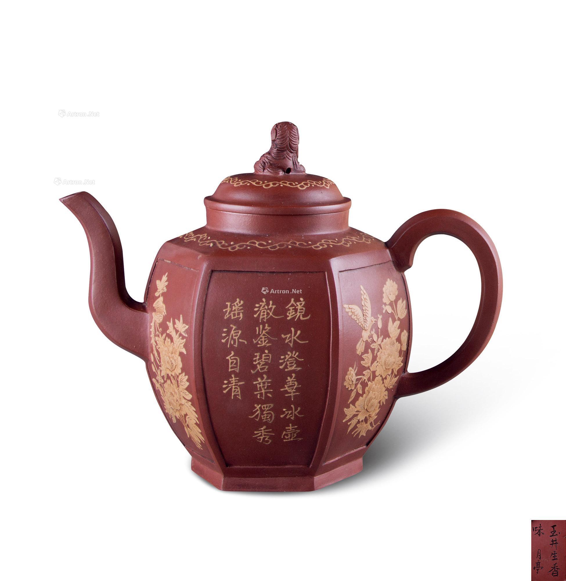 4062月亭款朱砂堆绘六角茶壶