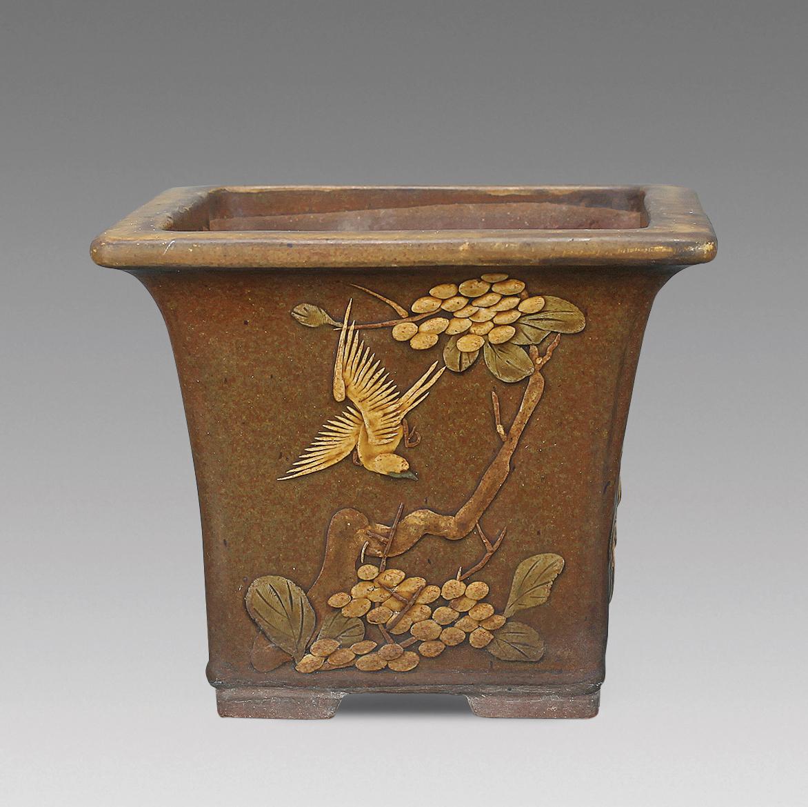 1902 清 紫砂挂釉四方花鸟花盆