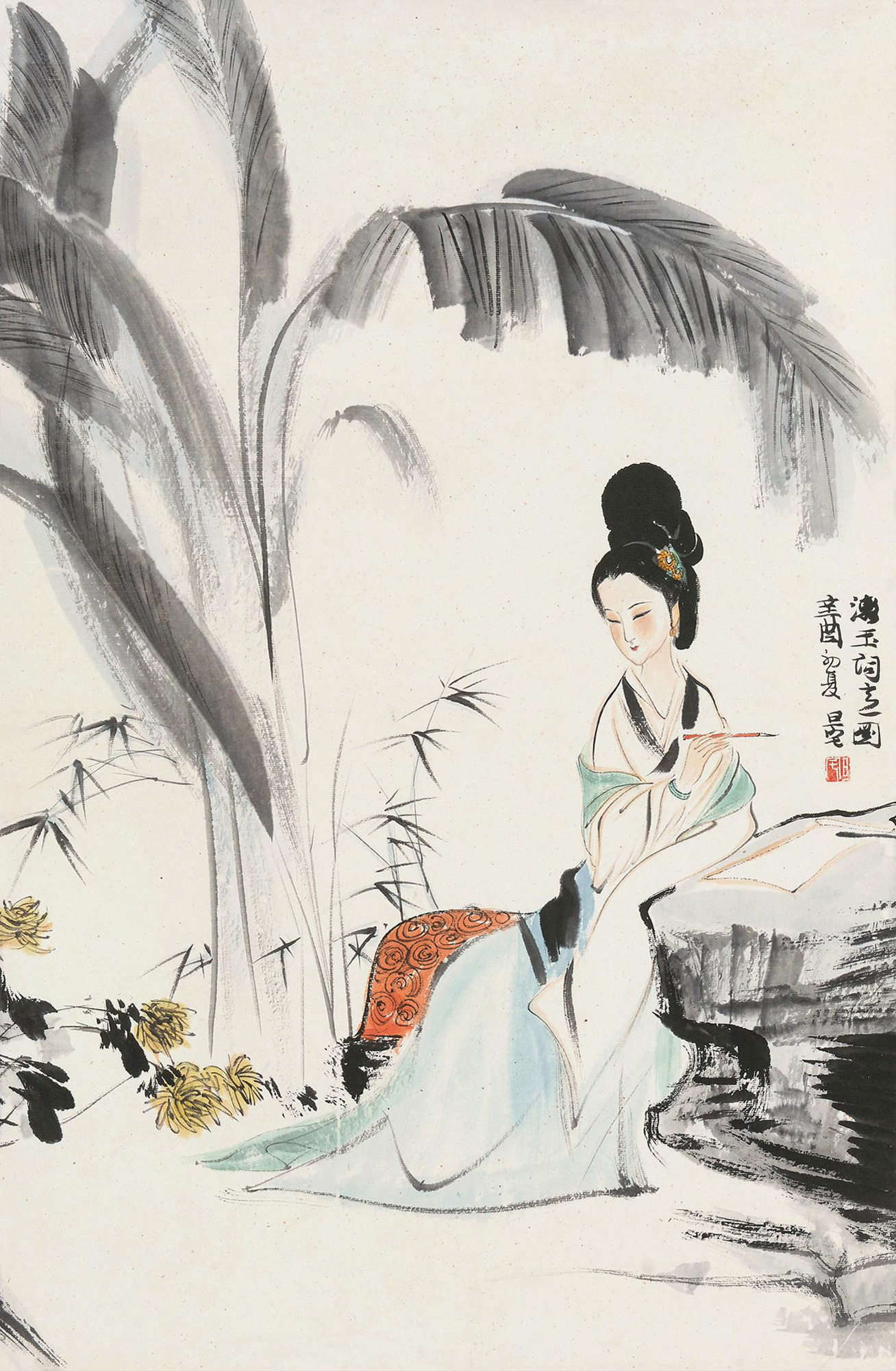 4591 芭蕉仕女图 立轴 设色纸本