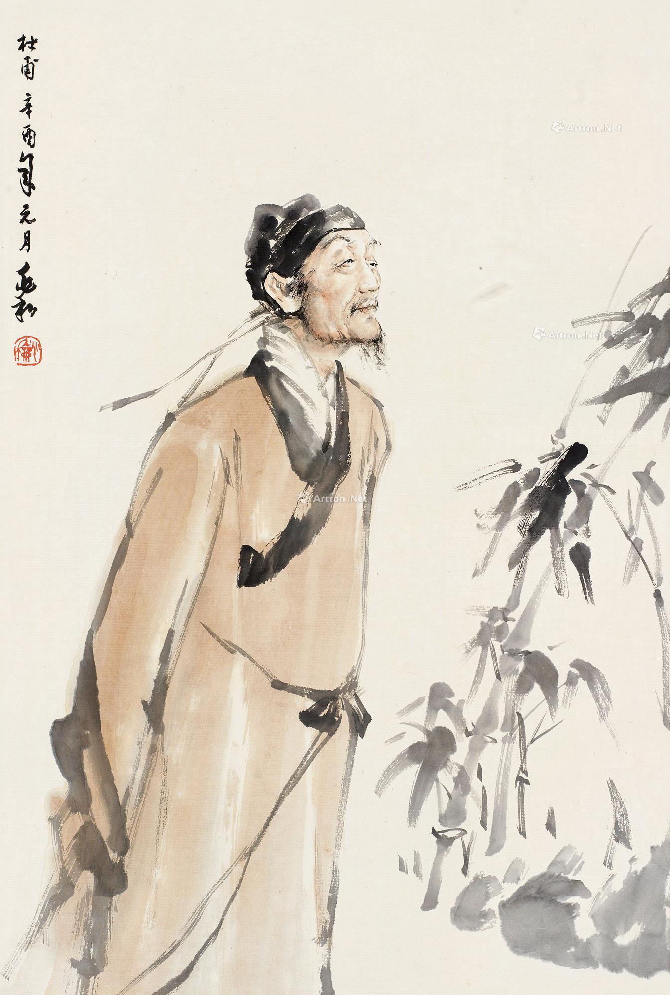 0082 辛酉(1981)年作 杜甫 镜框 设色纸本