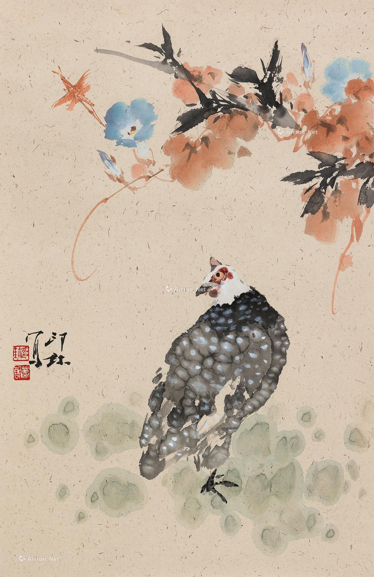 0890珍珠鸡镜心设色纸本