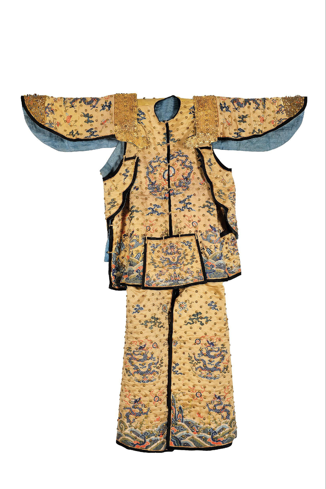 8361 清康熙 黄色彩云金龙纹妆花缎缀铜钉棉甲