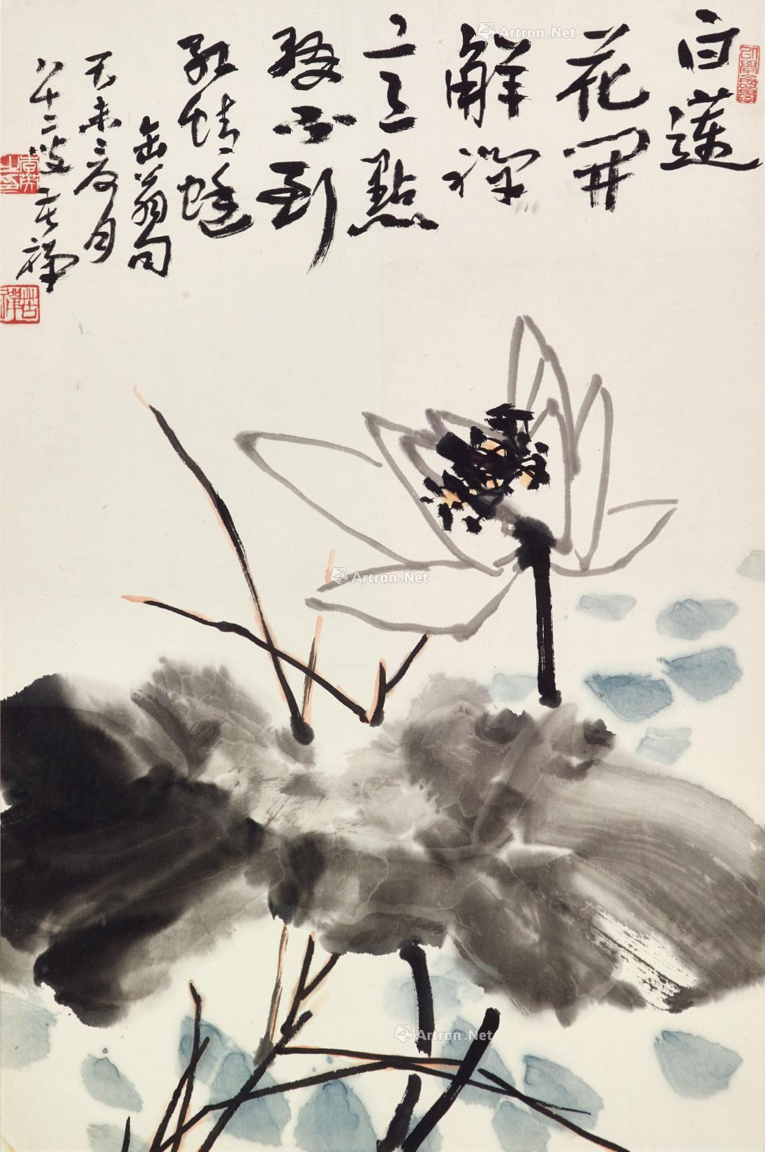 【1979年作 白莲花开 镜框 设色纸本】拍卖品_图片