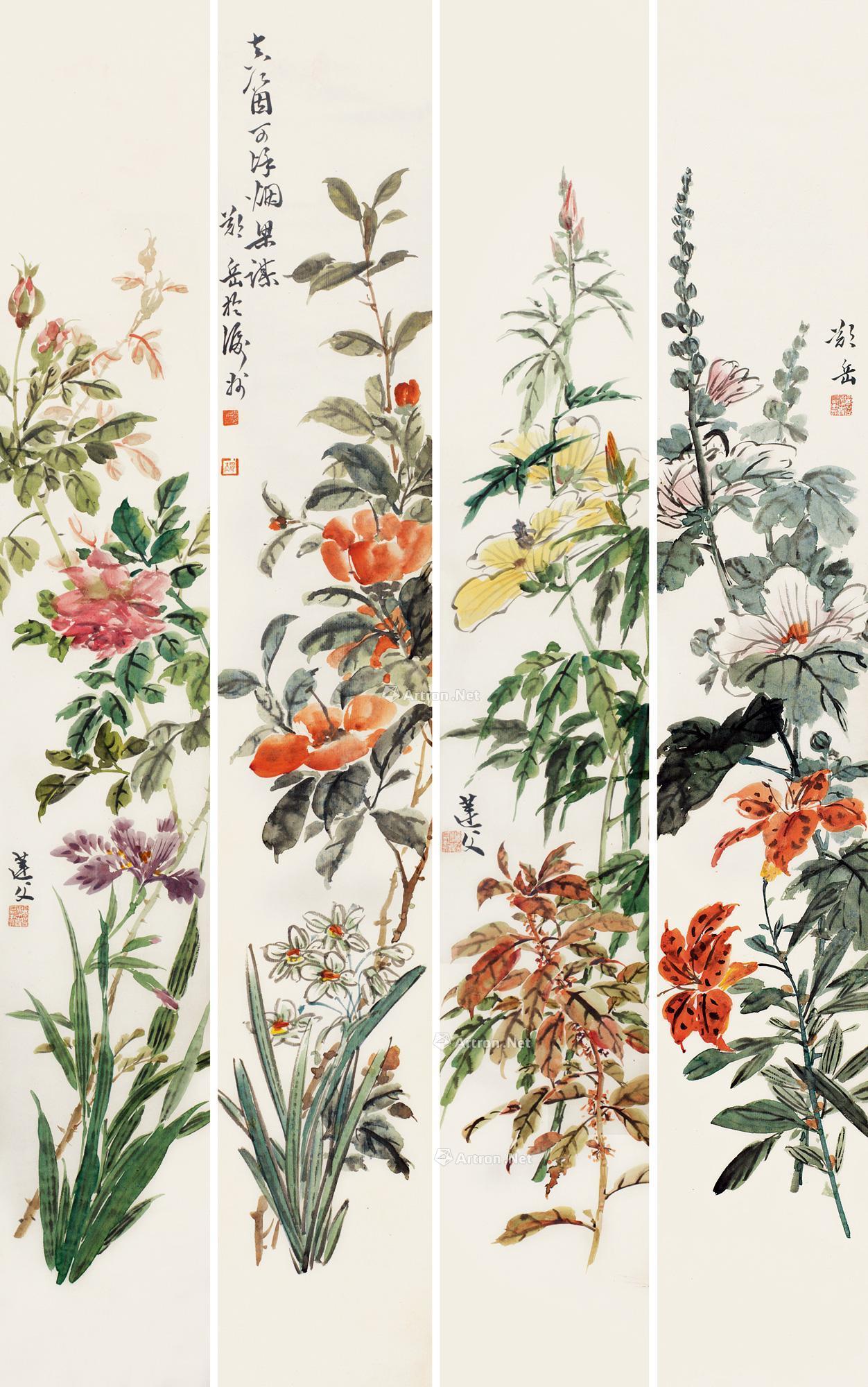【四季花卉 四屏条 设色纸本】拍卖品_图片_价格_鉴赏_绘画_雅昌艺术