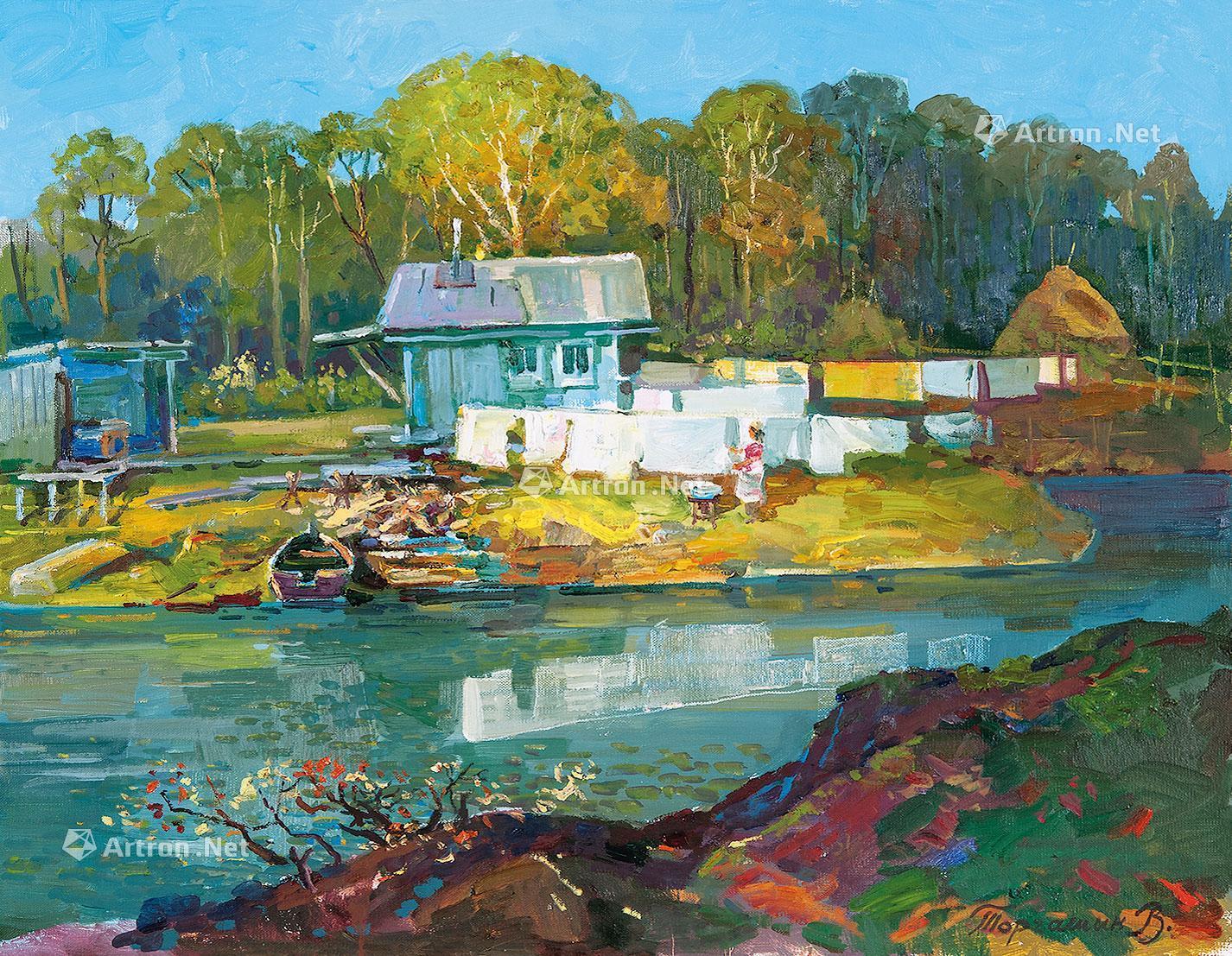 0465 湖边勤劳的女人 布面油画