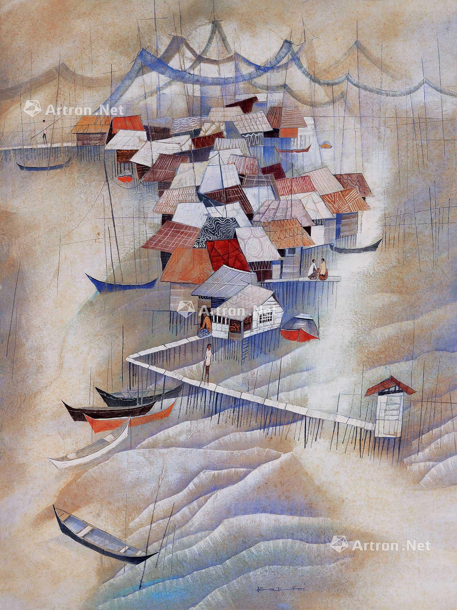 0002 渔村景致 水彩 纸本