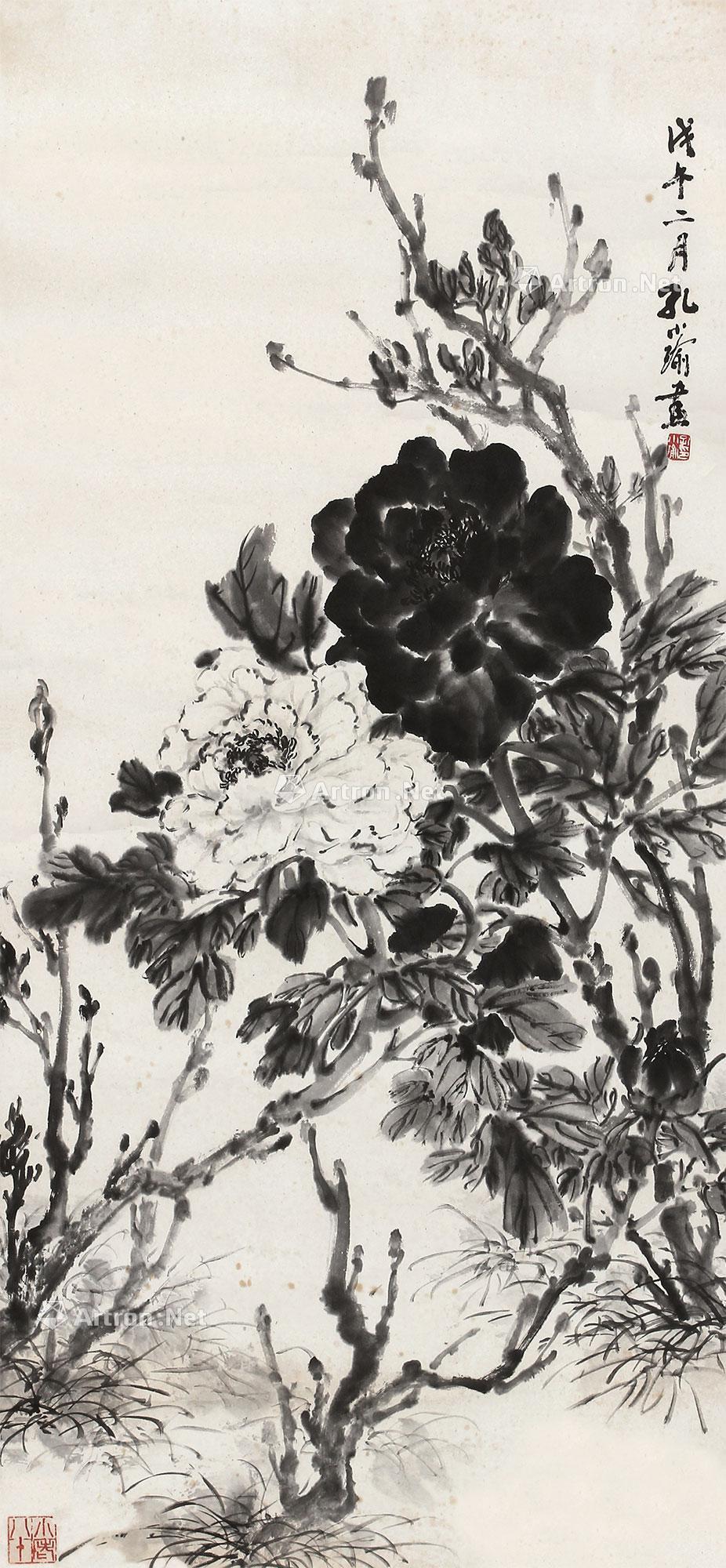 0060墨牡丹立轴设色纸本