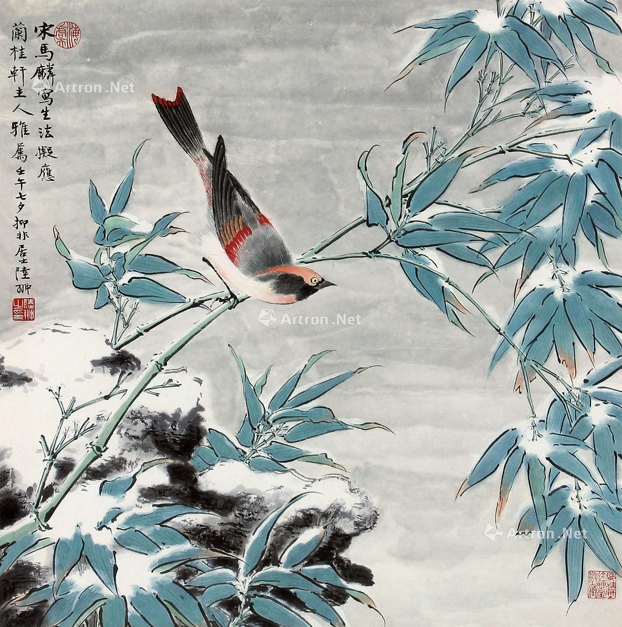 0531 1942年作 雪景翠鸟 立轴 设色纸本