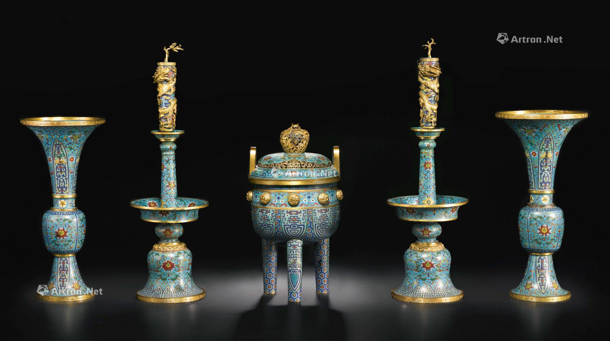 0128清乾隆铜胎掐丝珐琅缠枝莲纹五供