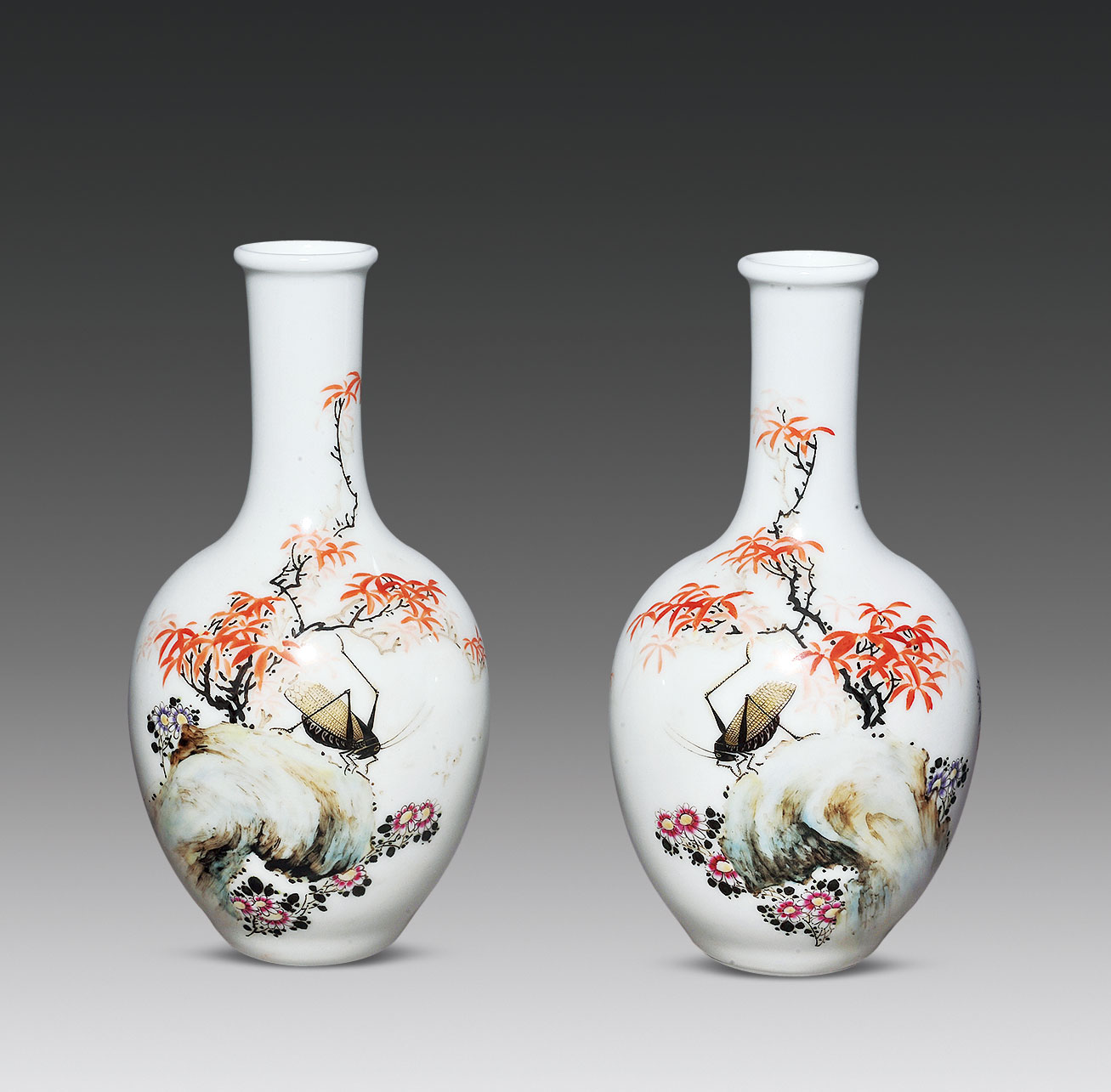 【二十世纪 余翰青款粉彩花虫纹瓶 (一对)】拍卖品_图片_价格_鉴赏_现