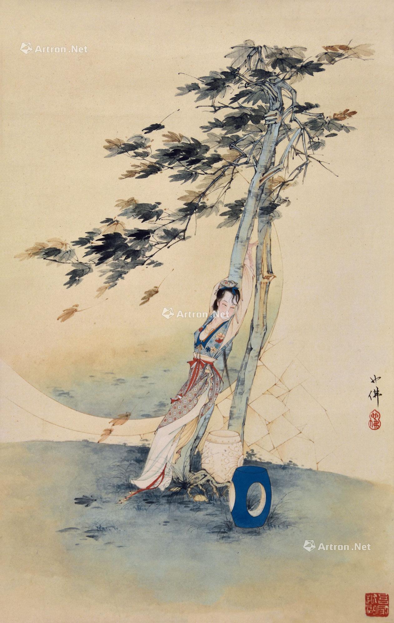 0089桐荫仕女立轴设色纸本