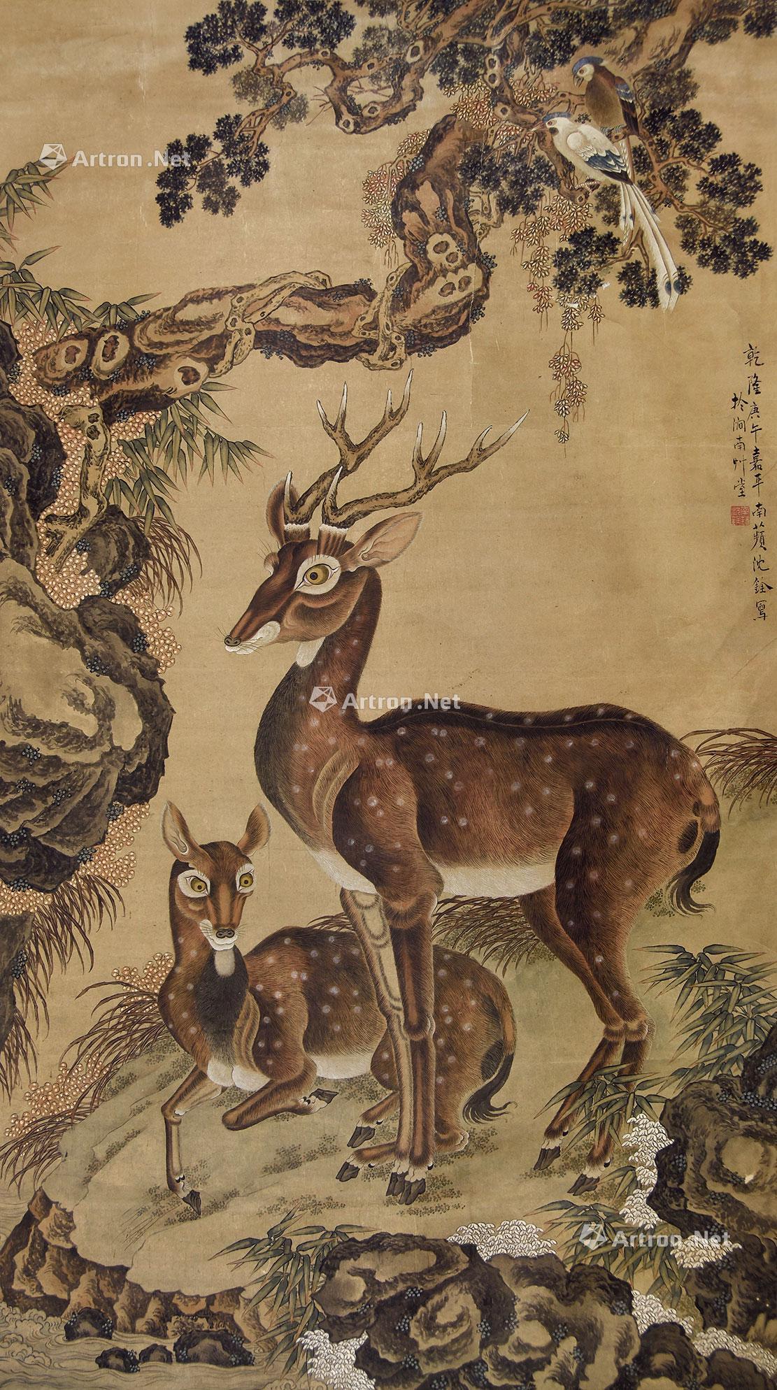 0160 松荫双鹿图 立轴 设色纸本