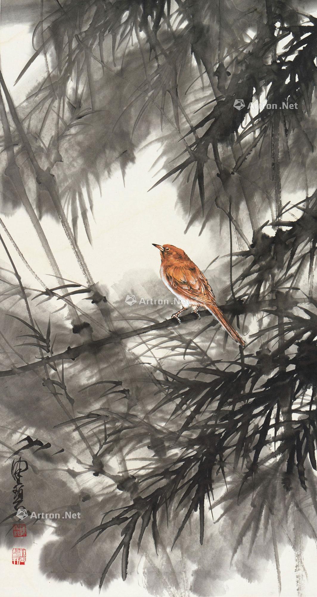 2236竹林小鸟镜心纸本