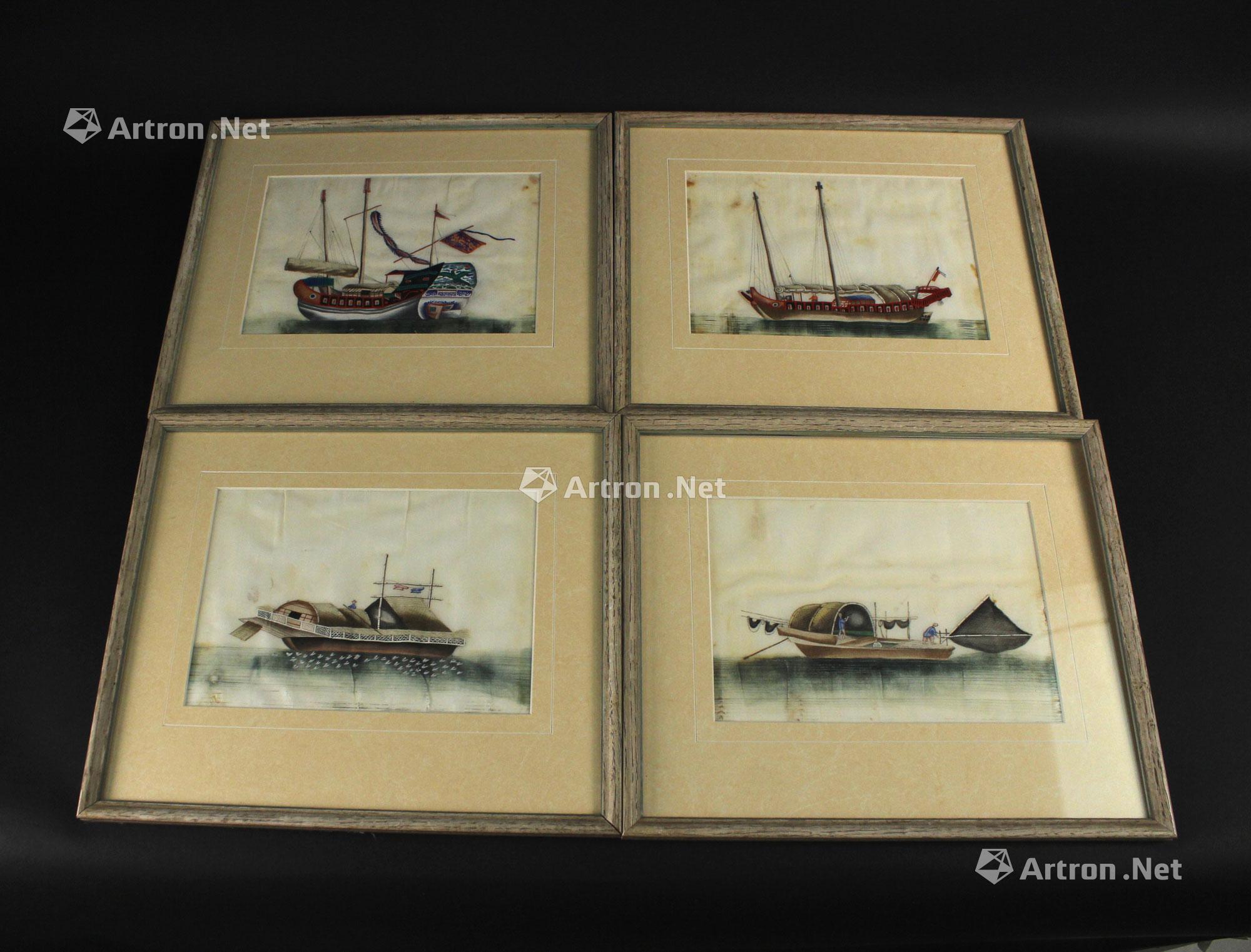 0014清代广州外销通草纸水彩船舶装饰画四幅