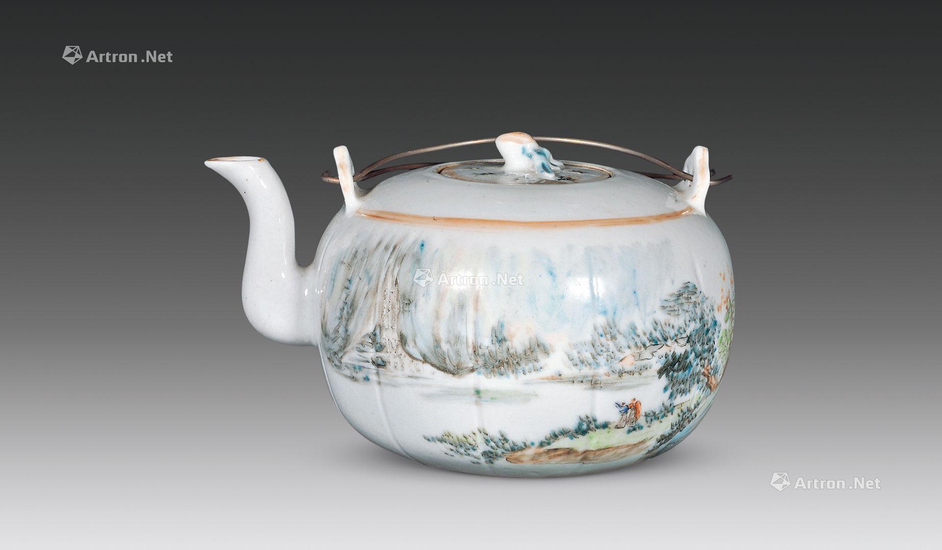 2038清光绪十一年1885年周子善绘浅绛彩山水人物诗文壶