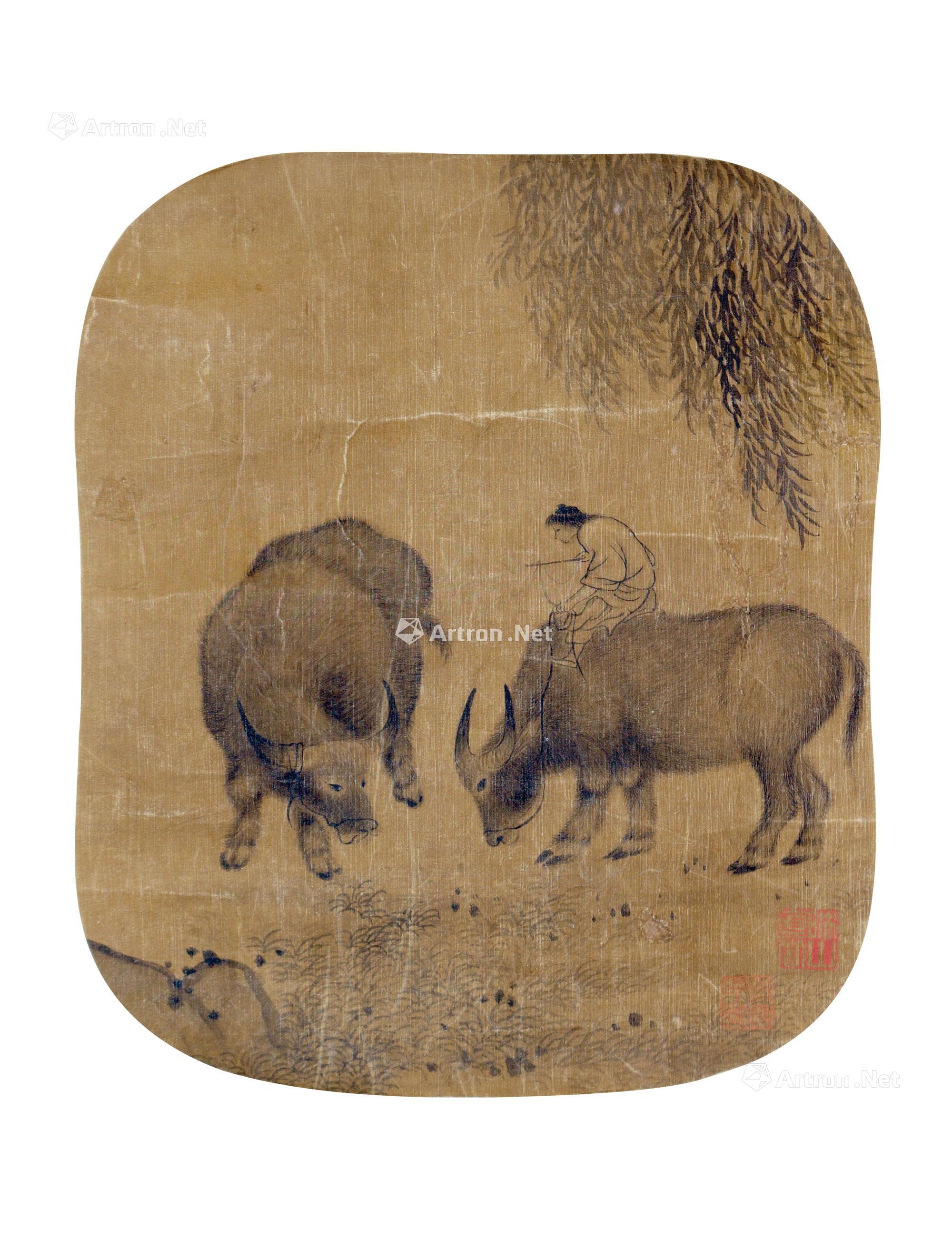 0292牧牛扇面绢本镜片