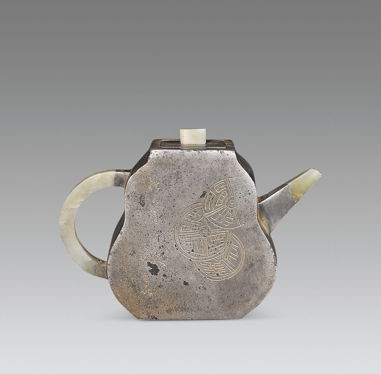 5676杨彭年朱石楳款紫砂胎包锡葫芦形三镶玉壶