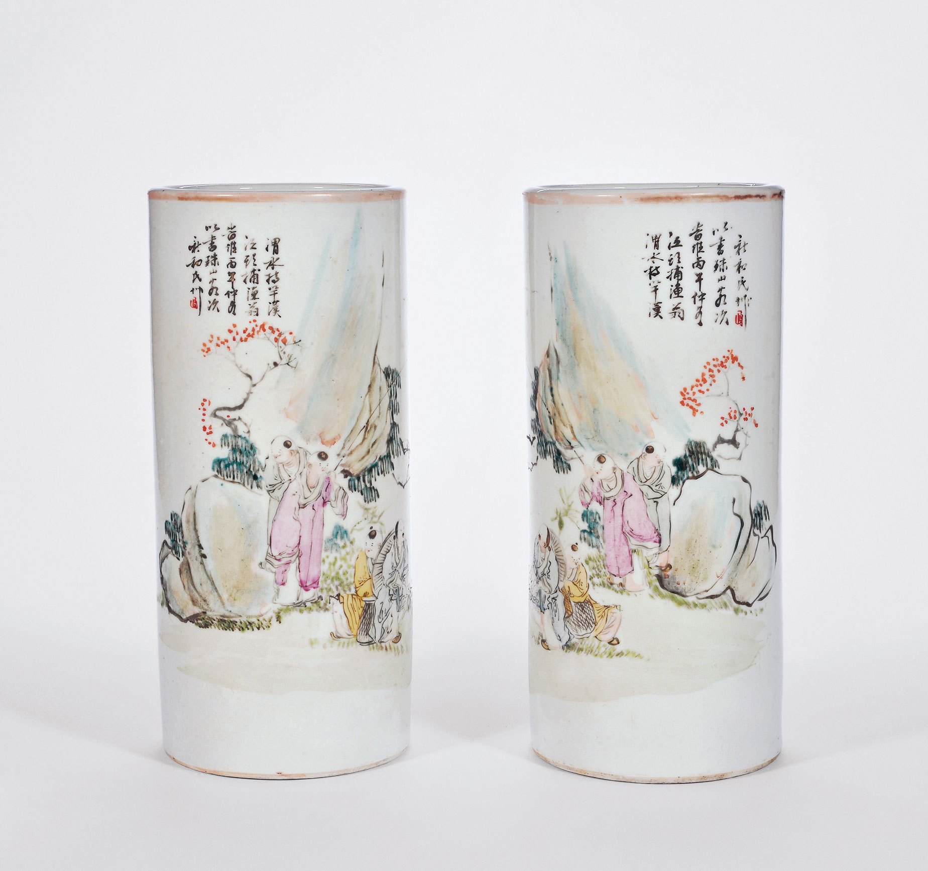 4164清光绪三十二年1906年新和氏绘浅绛彩垂钓图诗文帽筒一对