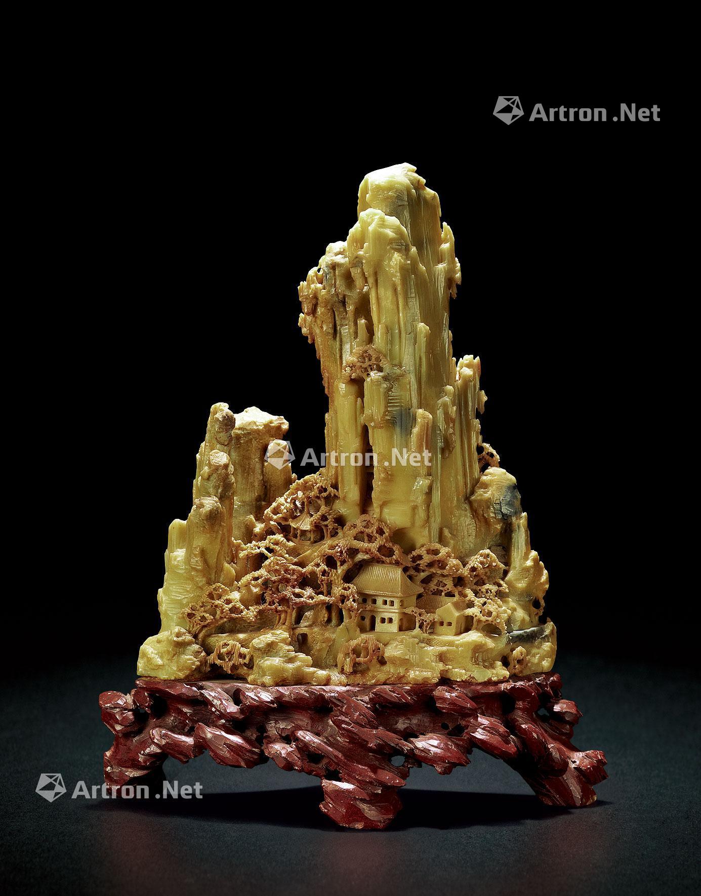 0939 青田石雕亭台楼阁山子摆件