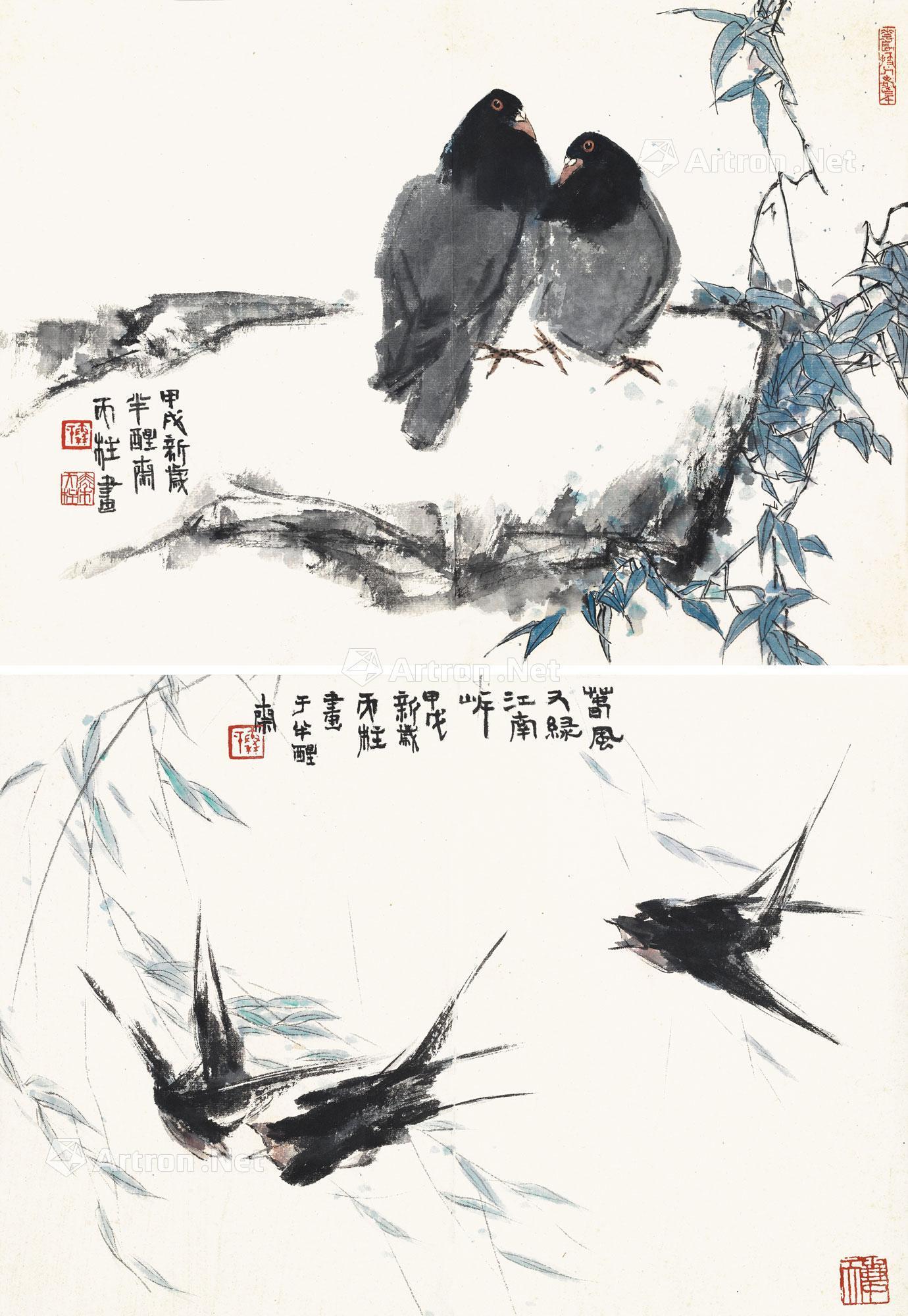 0028 燕子 鸽子 镜心 设色纸本