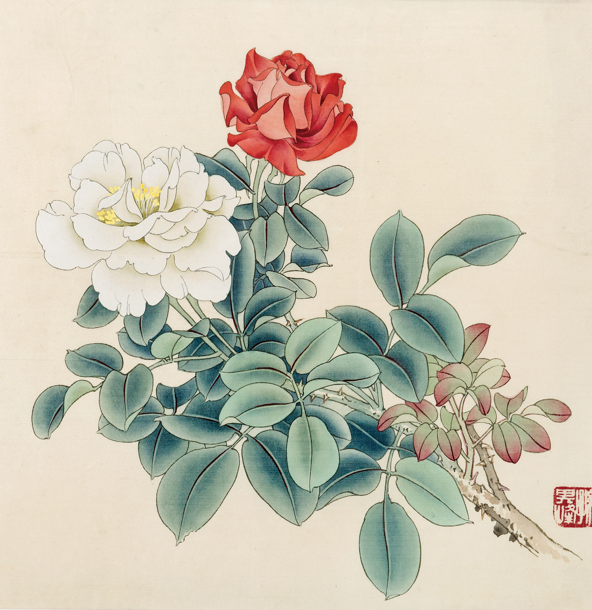 0521月季花镜心绢本设色