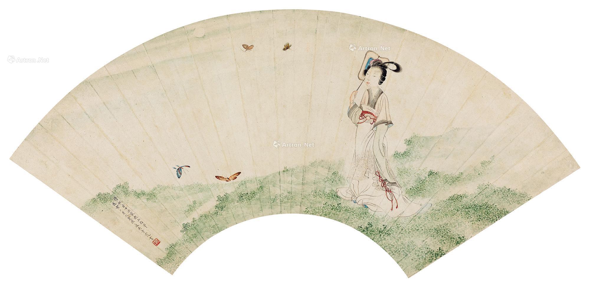 02861938年作扑蝶图扇面设色纸本