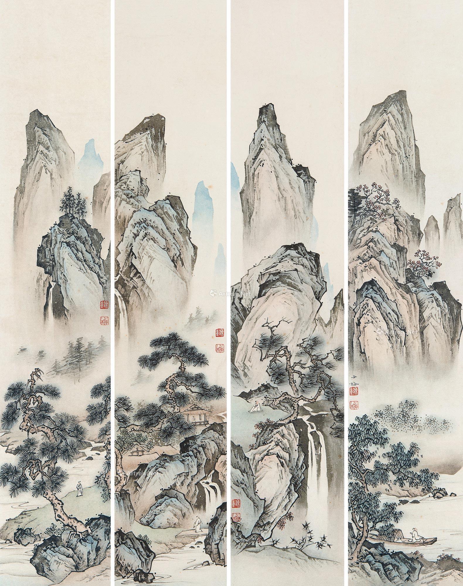 0048山水画四屏设色纸本