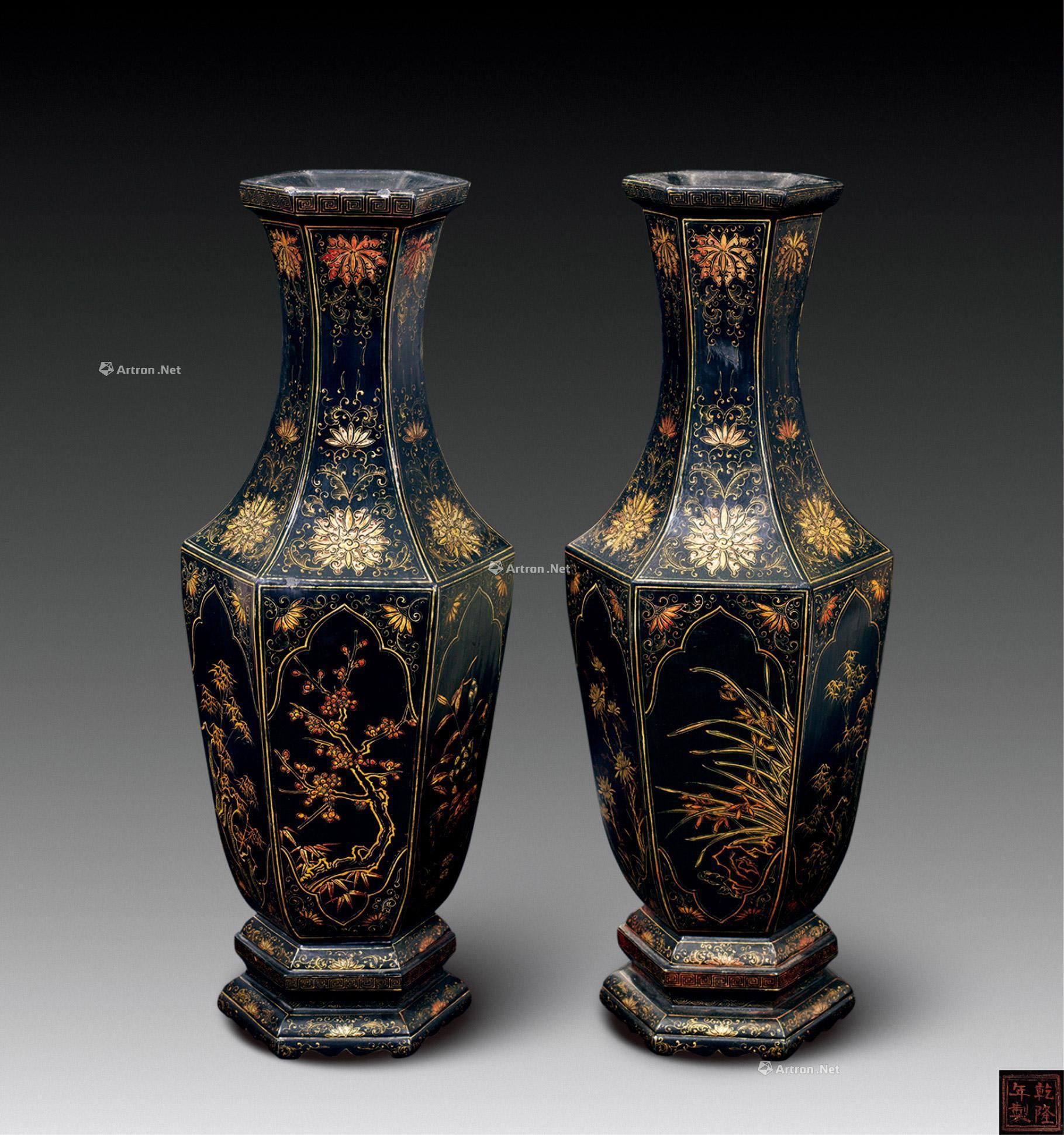 【清 六面描金花卉漆器花瓶 (一对)】拍卖品_图片_价格_鉴赏_漆器