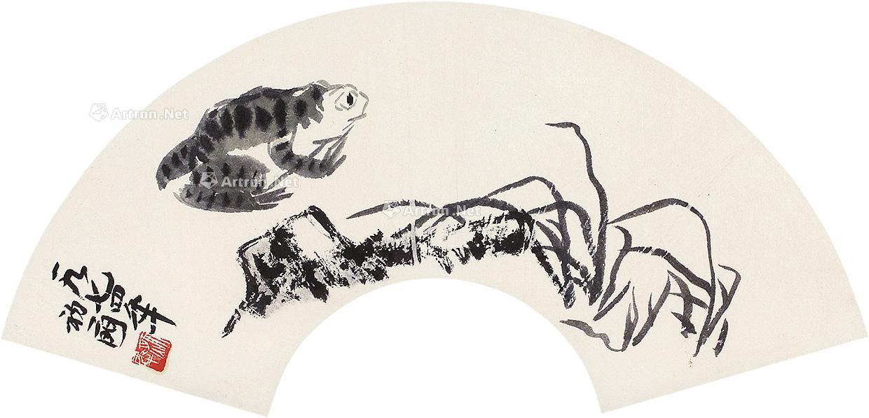 0014 蛙石图 扇片 水墨纸本