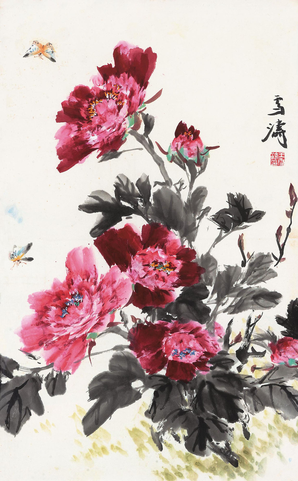 5080牡丹双蝶镜心设色纸本