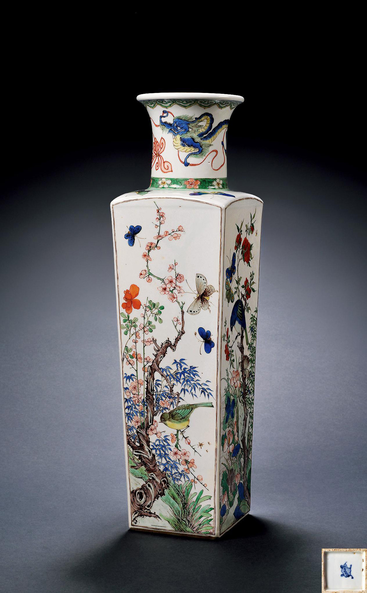 【清康熙 五彩花鸟图四方瓶】拍卖品_图片_价格_鉴赏_清代五彩瓷器