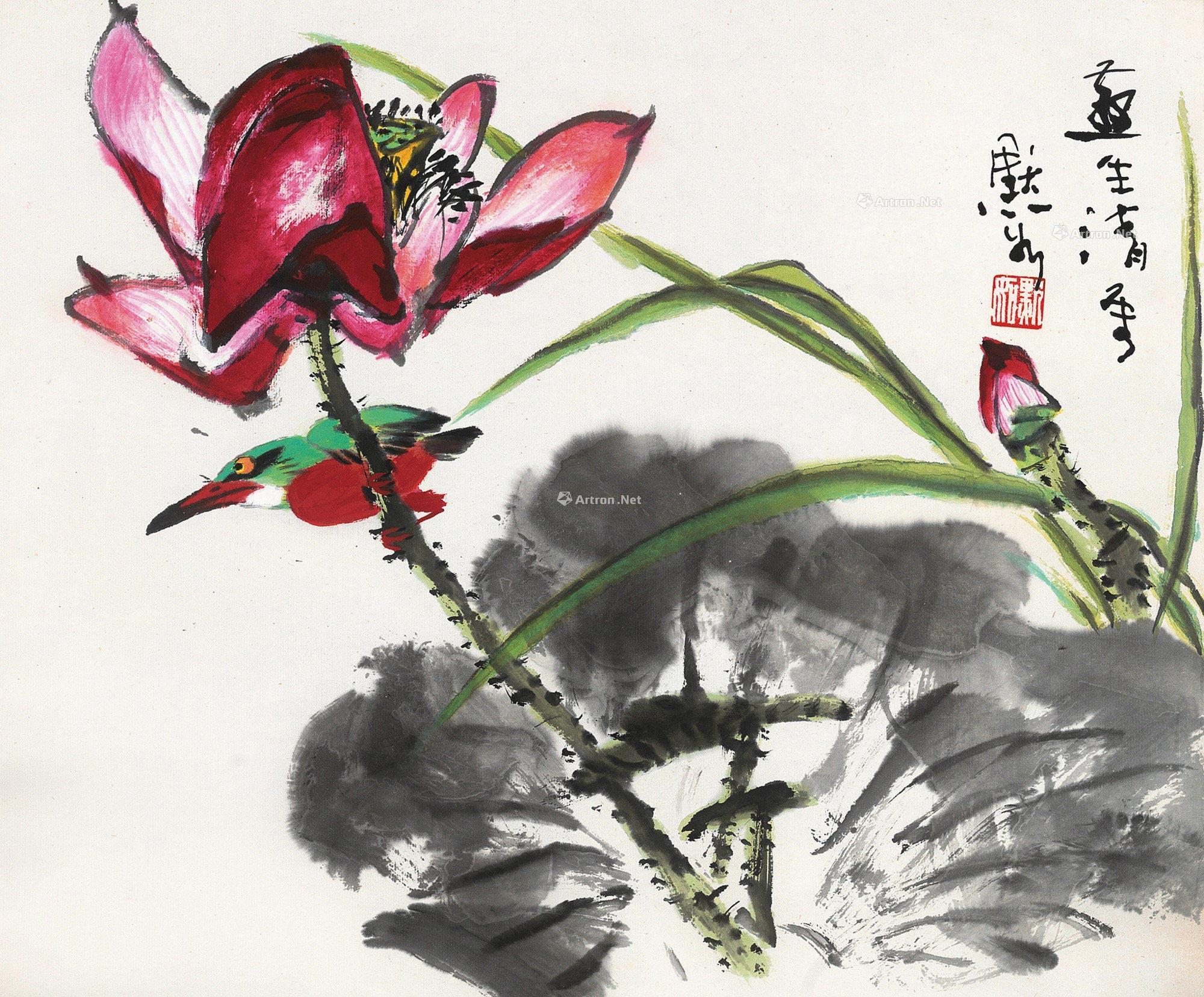 0376荷花翠鸟镜心设色纸本