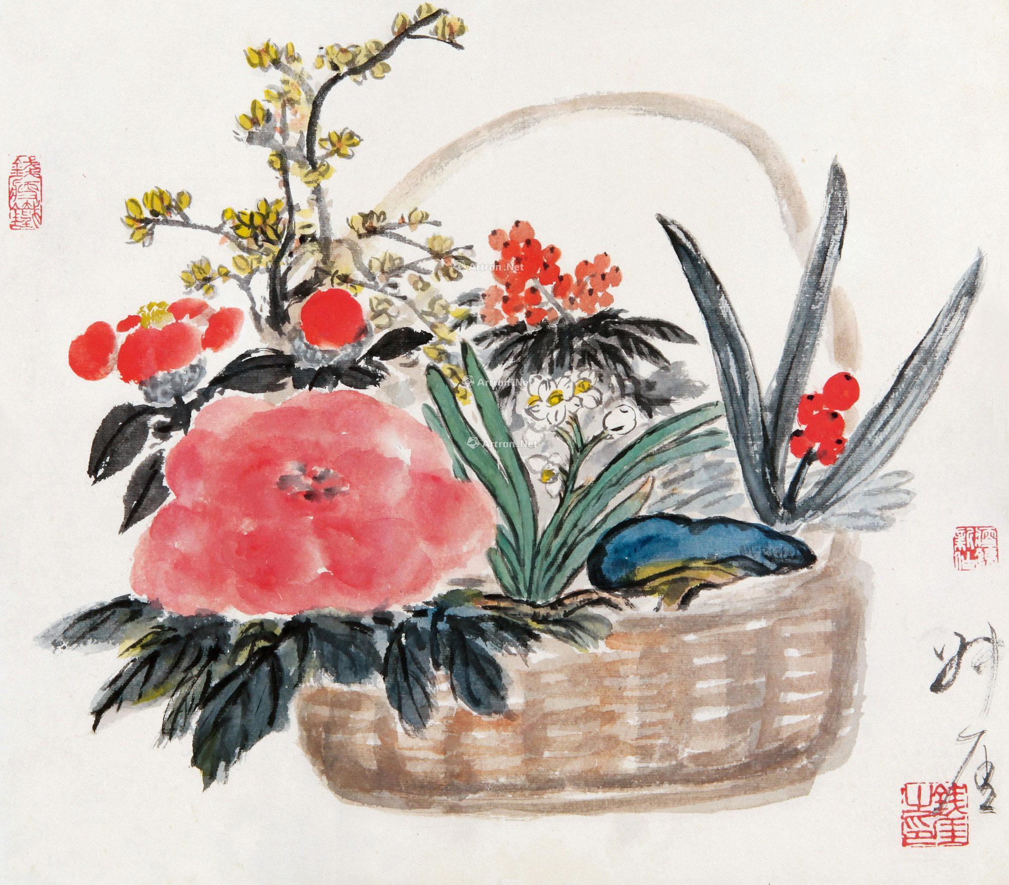 0773花篮一件镜片设色纸本