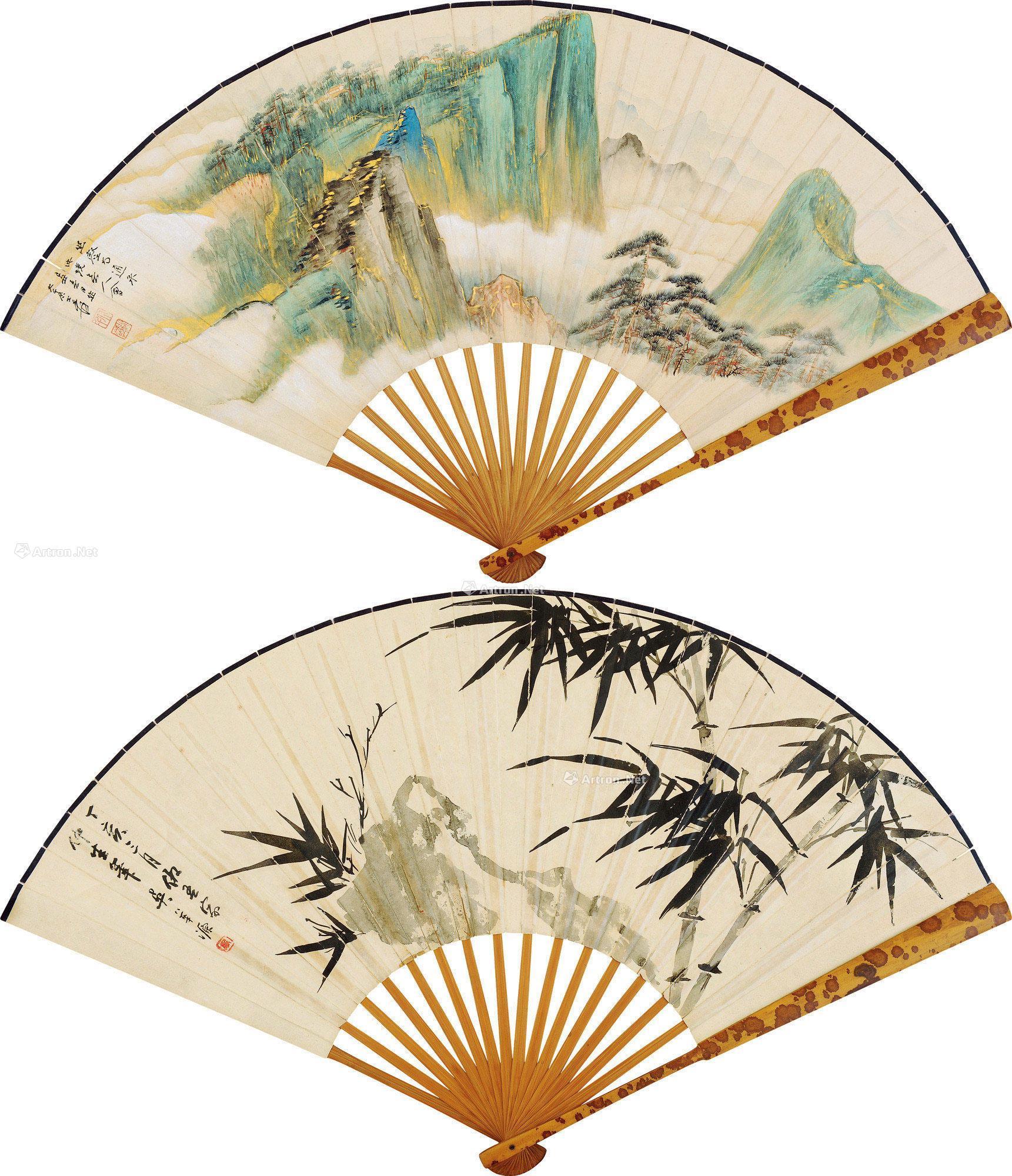 0170己丑1949年作丁亥1947年作金碧山水墨竹图成扇设色纸本