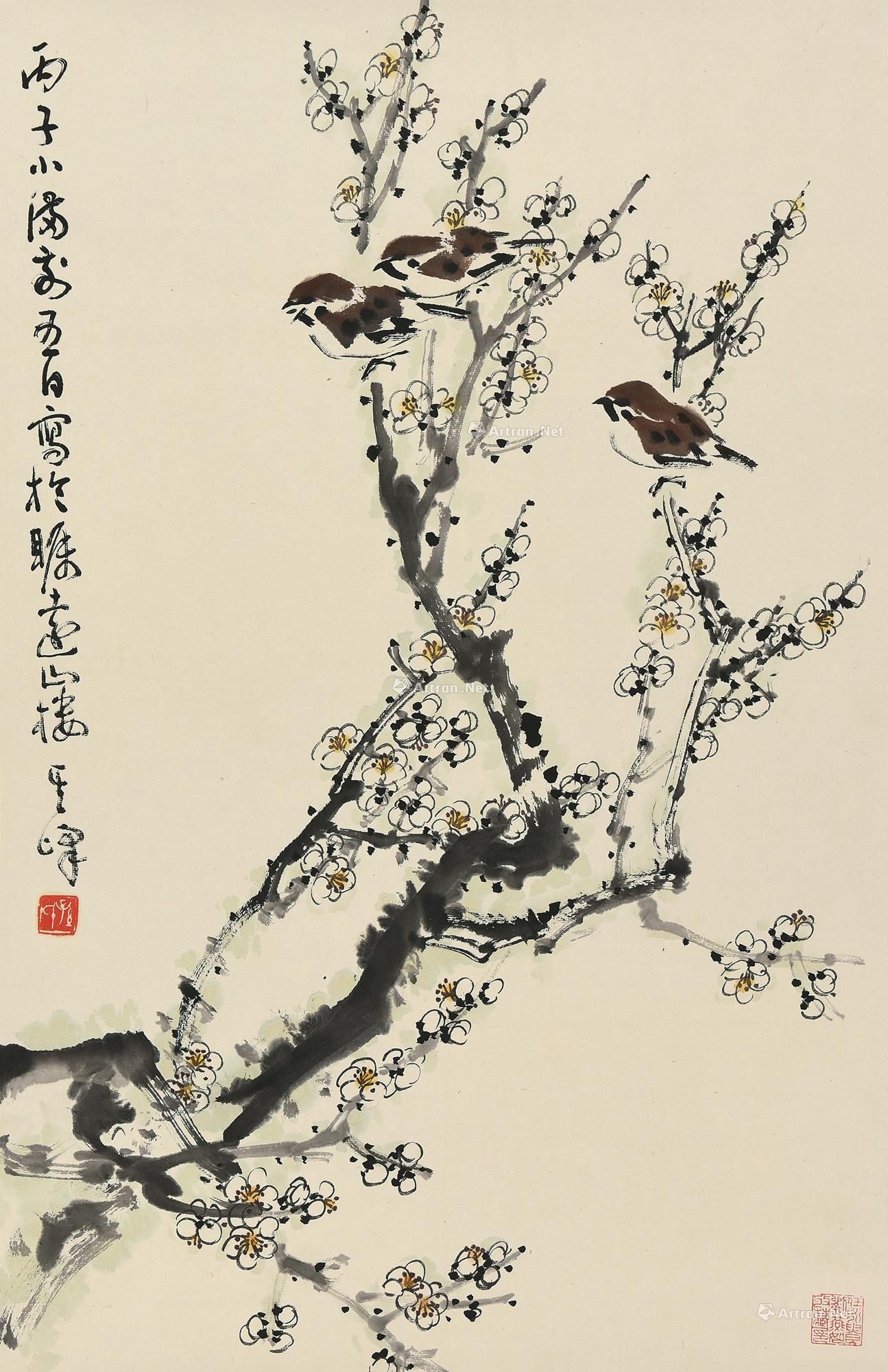 0080梅花小鸟立轴设色纸本
