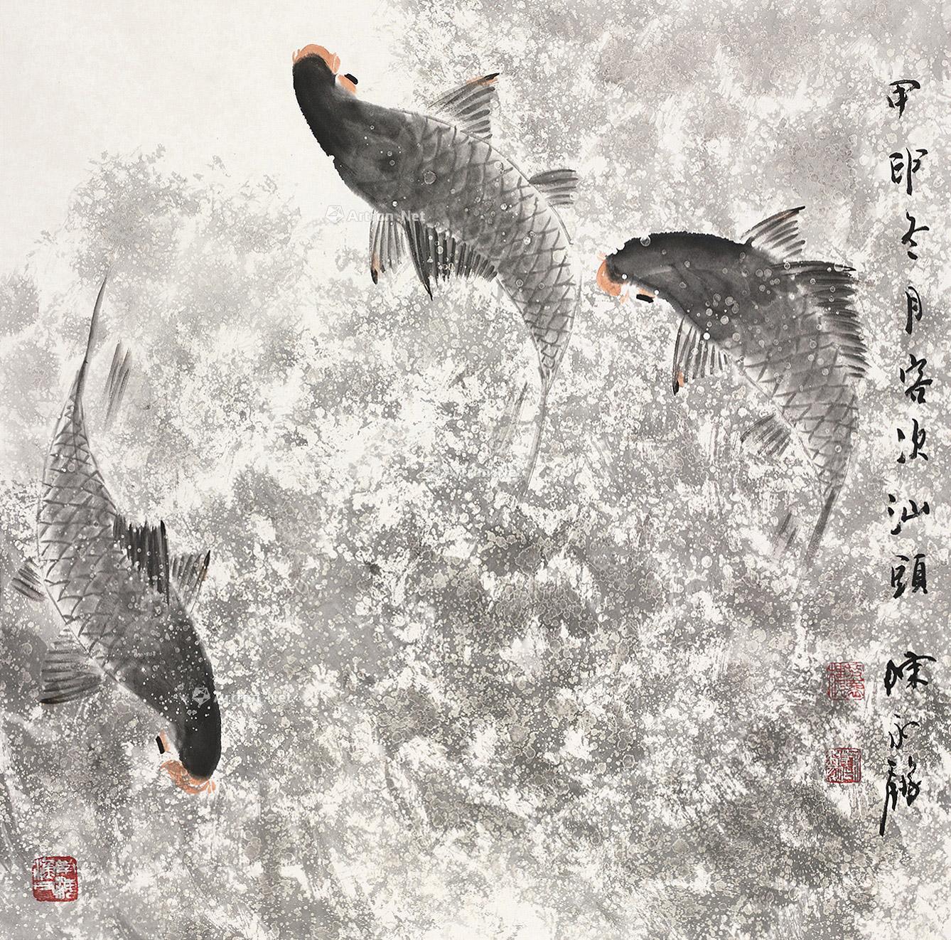 0561三鱼图镜片设色纸本