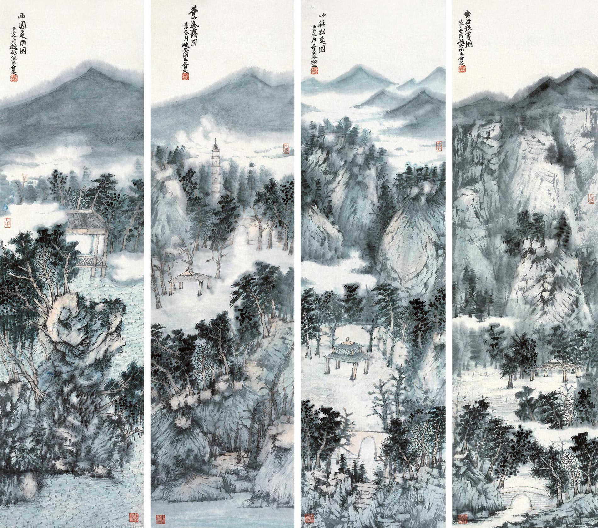 0950 壬午(2002年)作 四时山水 四条屏 纸本